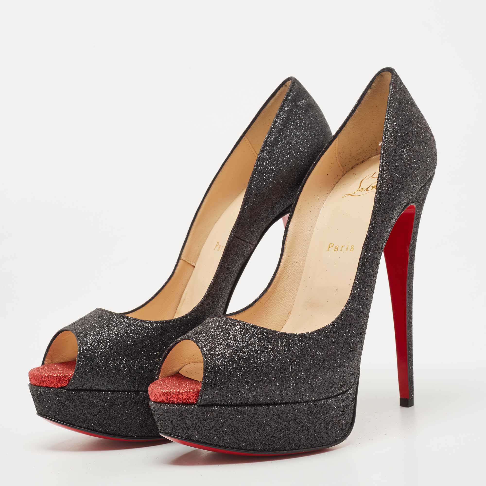 

Christian Louboutin Black Glitter Lady Peep Pumps Size