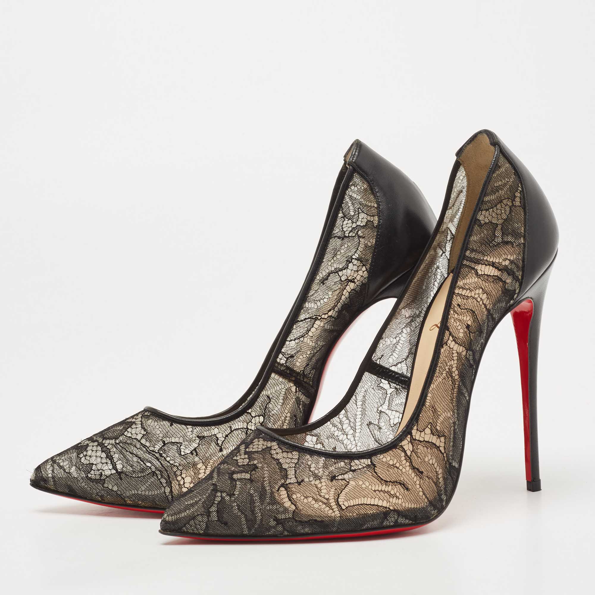 

Christian Louboutin Black Lace and Leather Follies Pumps Size