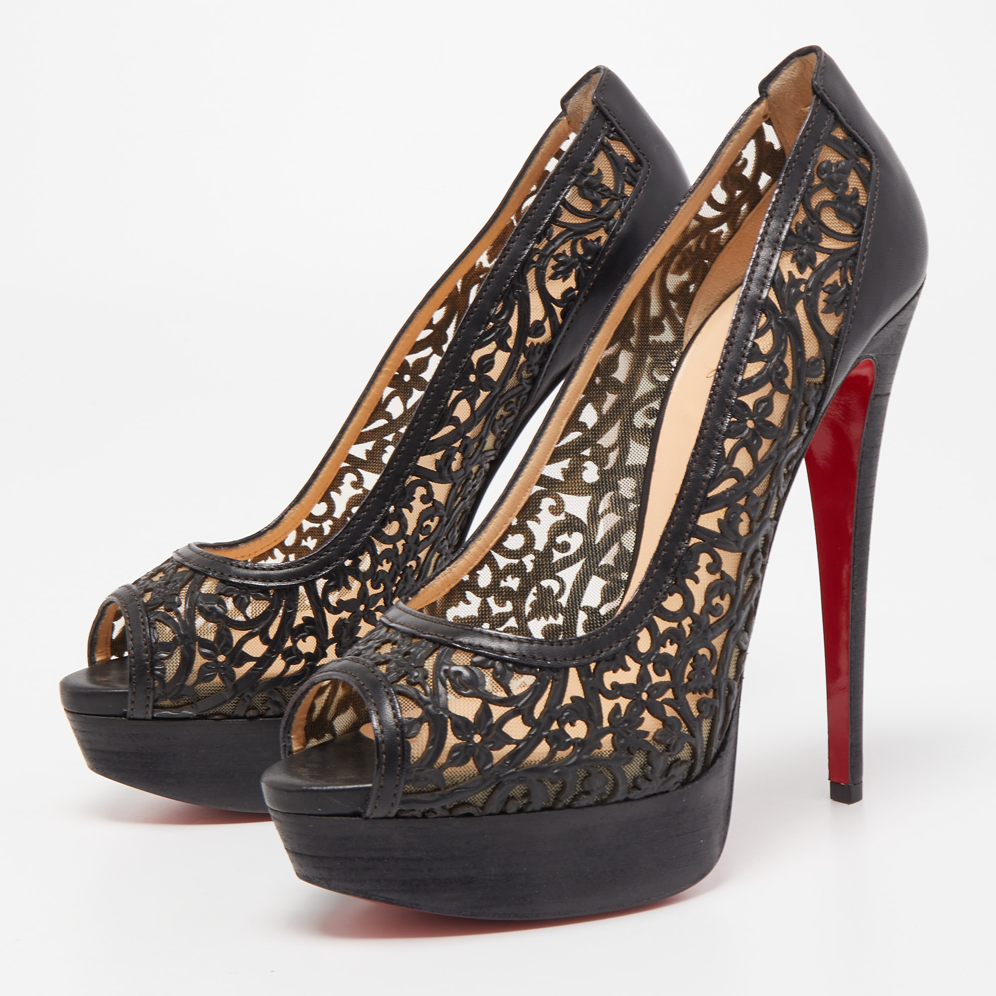 

Christian Louboutin Black Laser Cut Leather Evita Pampas Peep Toe Platform Pumps Size