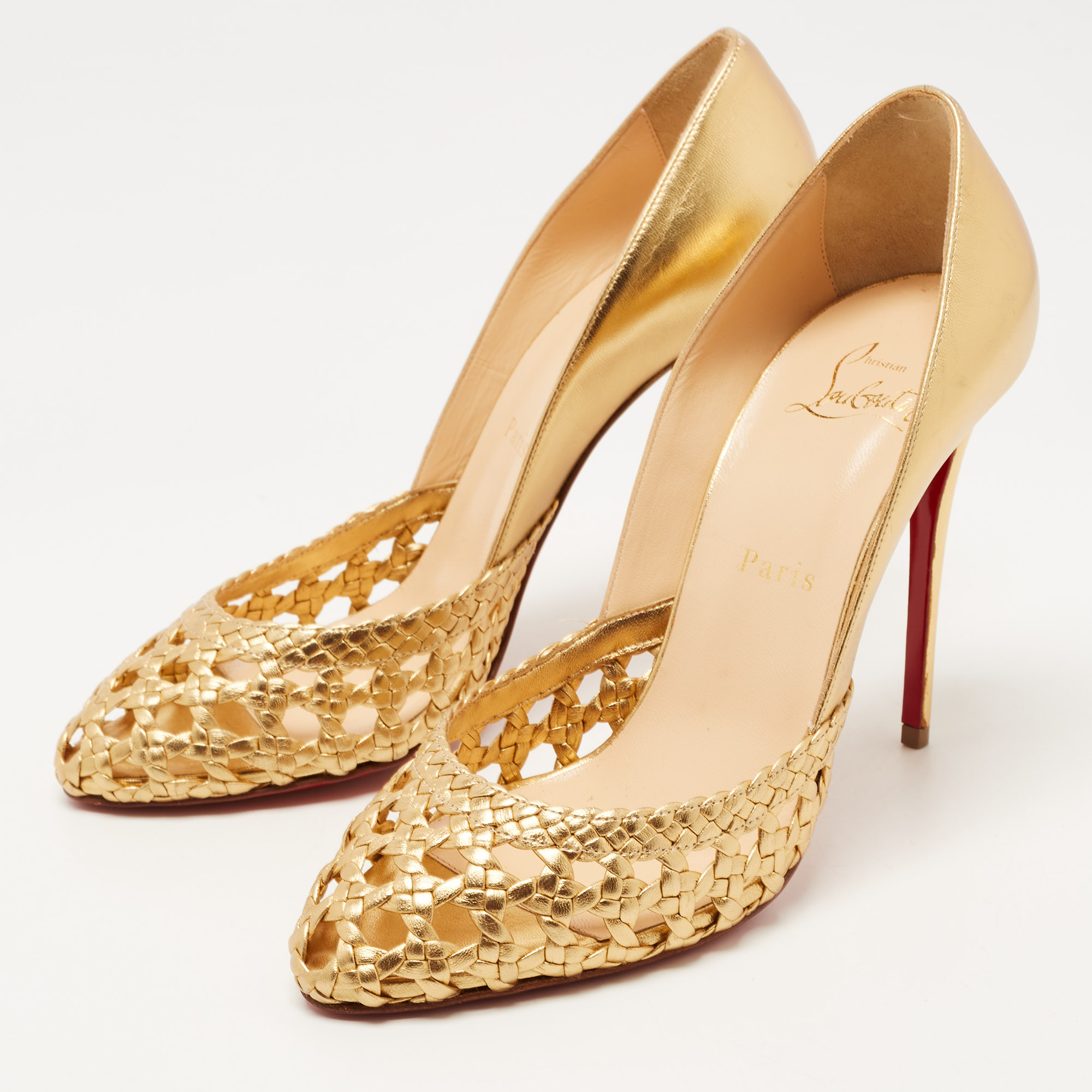 

Christian Louboutin Gold Woven Foil Leather Altressita Round Toe Pumps Size