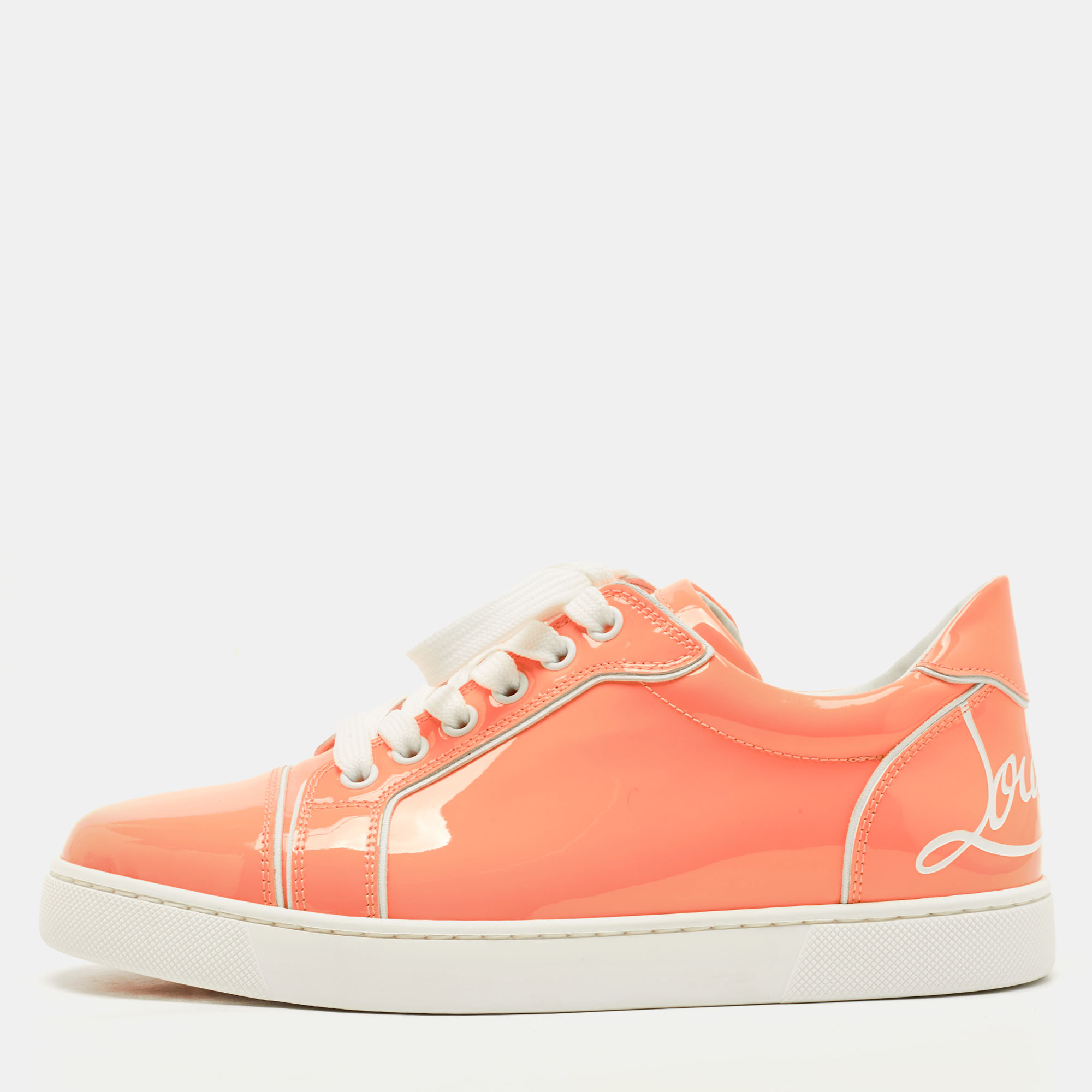 Pre-owned Christian Louboutin Neon Peach Patent Leather Louis Junior Low Top Sneakers Size 37 In Pink