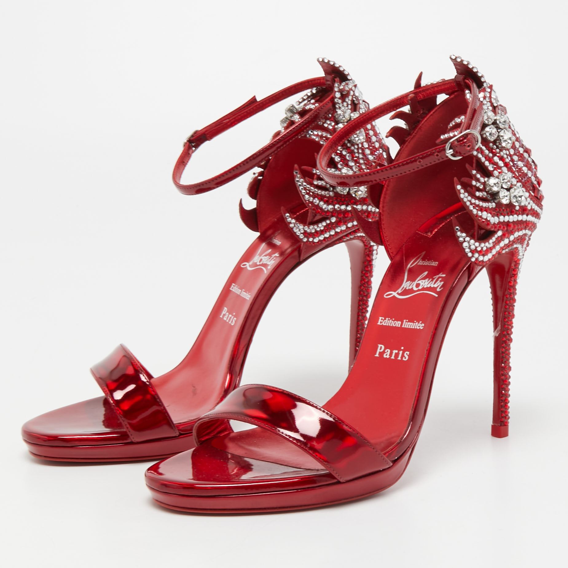 

Christian Louboutin Red Patent Leather Loubi Vega Crystal Embellished Ankle Strap Sandals Size