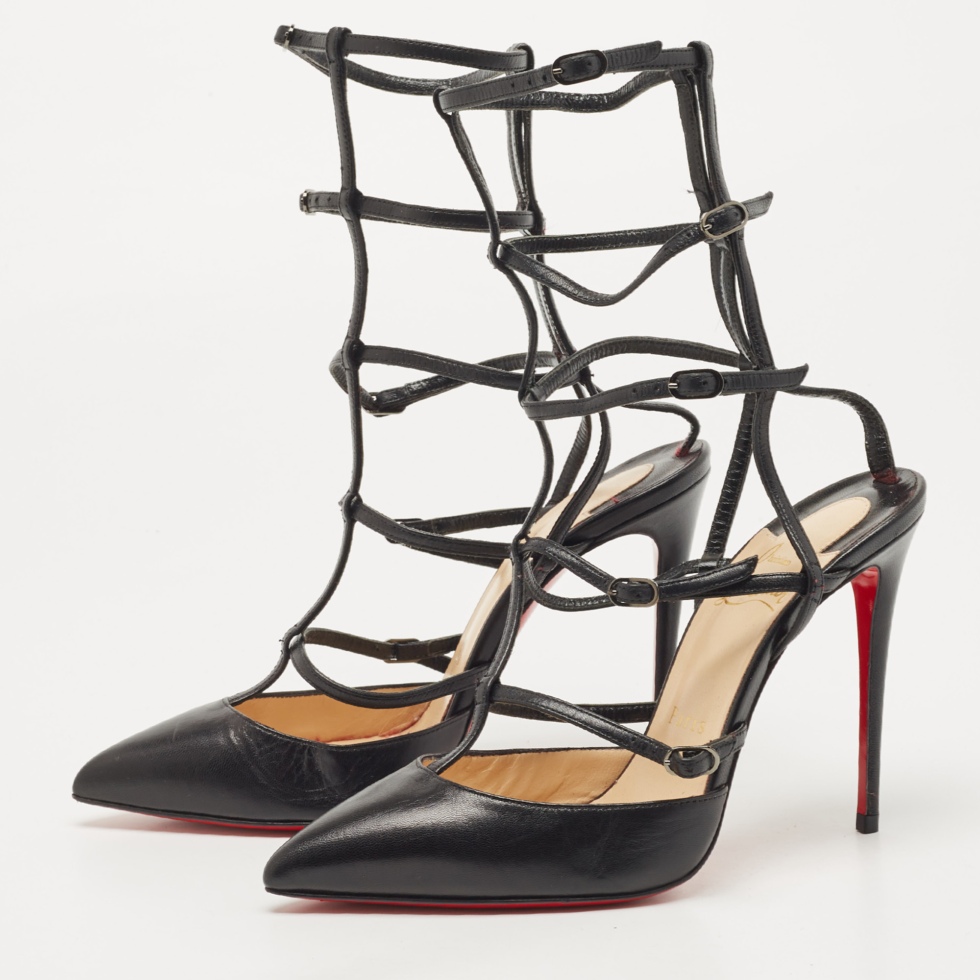 

Christian Louboutin Black Leather Kadreyana Caged Pumps Size