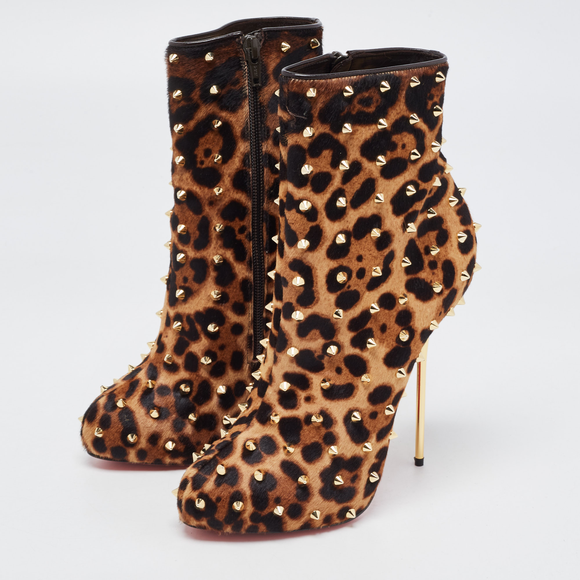 

Christian Louboutin Brown Leopard Print Pony Hair Big Lips Spiked Ankle Boots Size