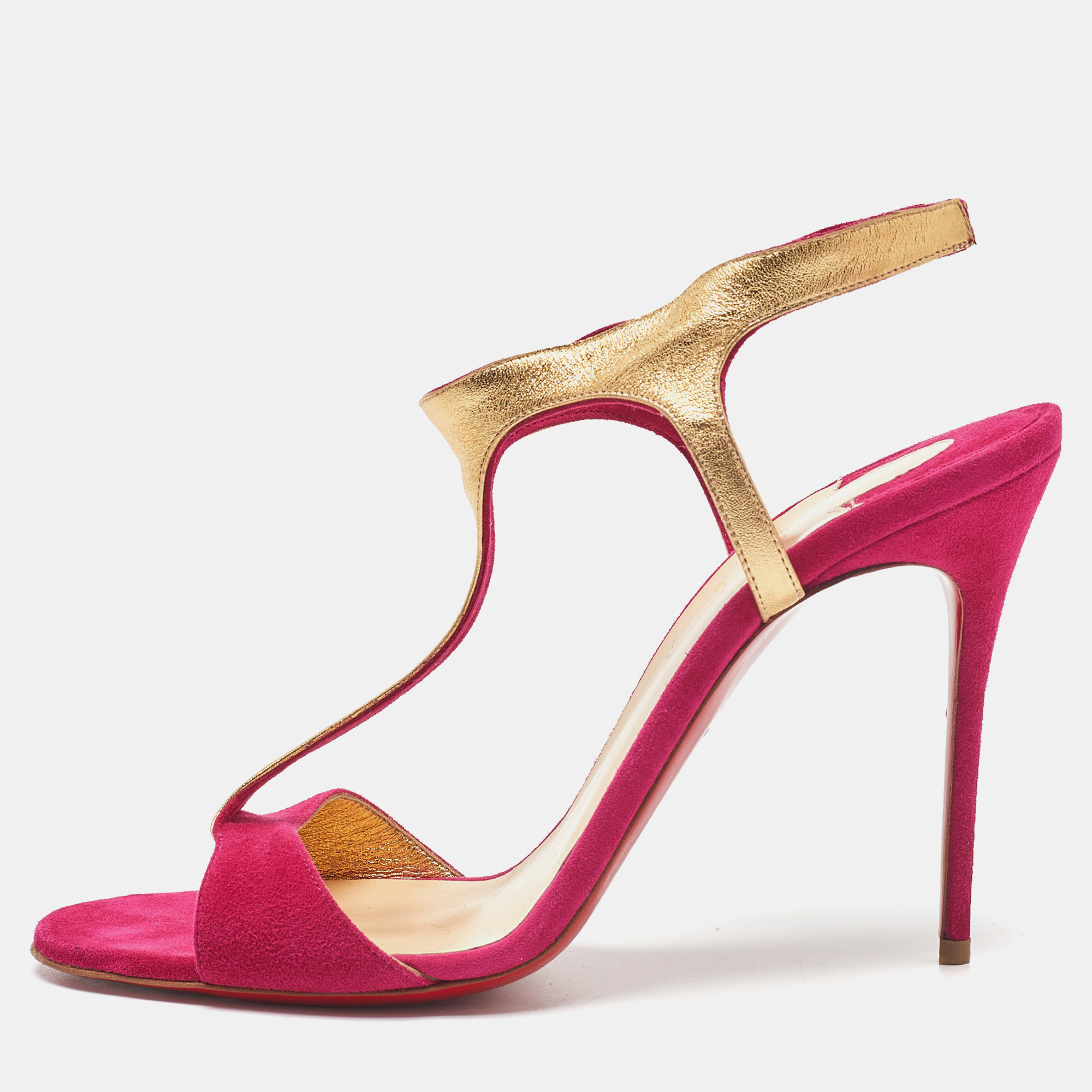 

Christian Louboutin Pink/Gold Suede and Leather Morphetina Sandals Size