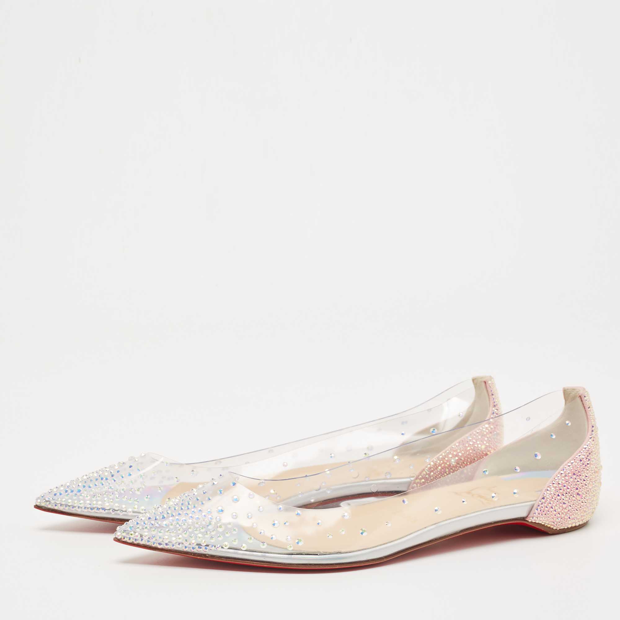 

Christian Louboutin Transparent PVC and Suede Degrastrass Embellished Ballet Flats Size