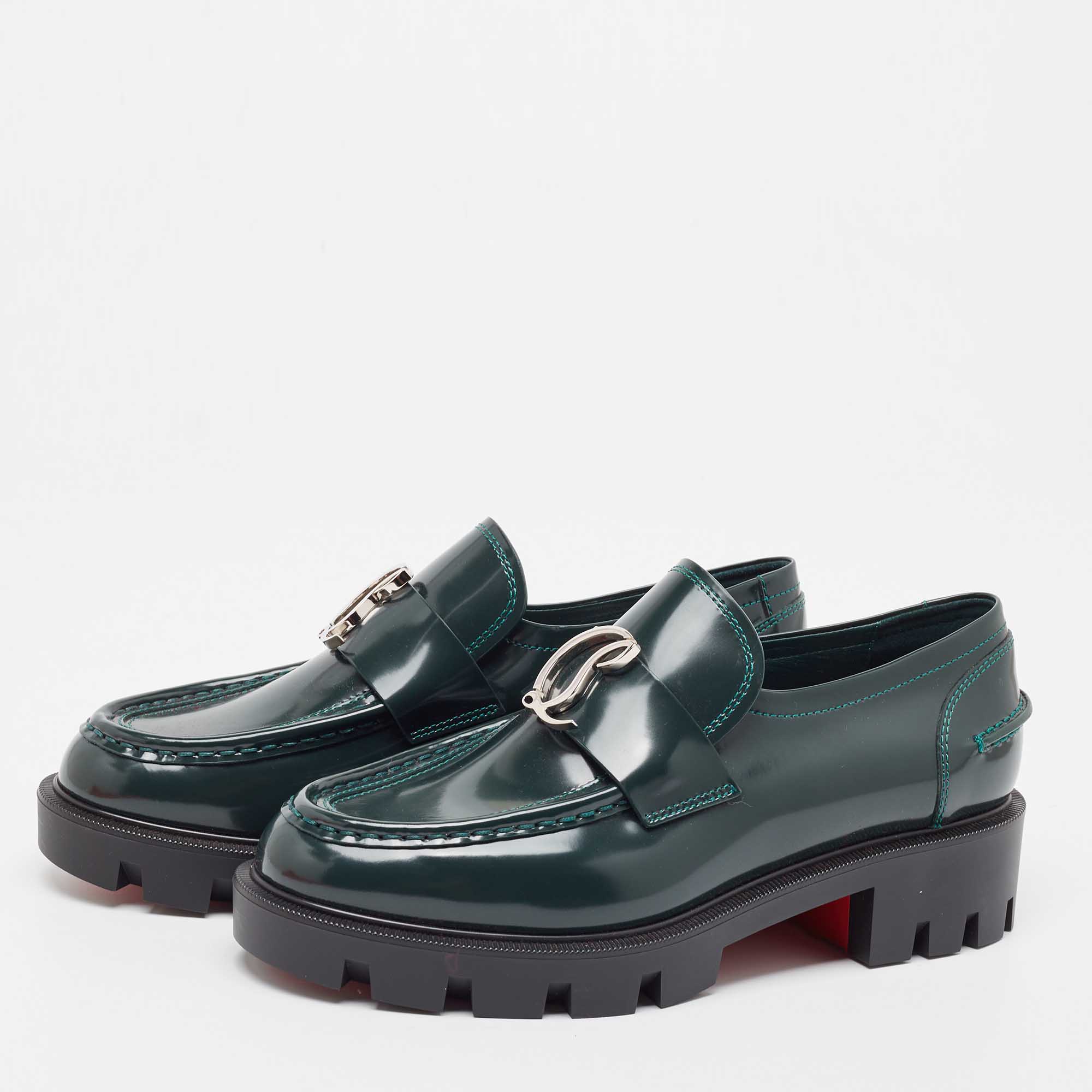 

Christian Louboutin Green Patent Leather CL Moc Lug Loafers Size