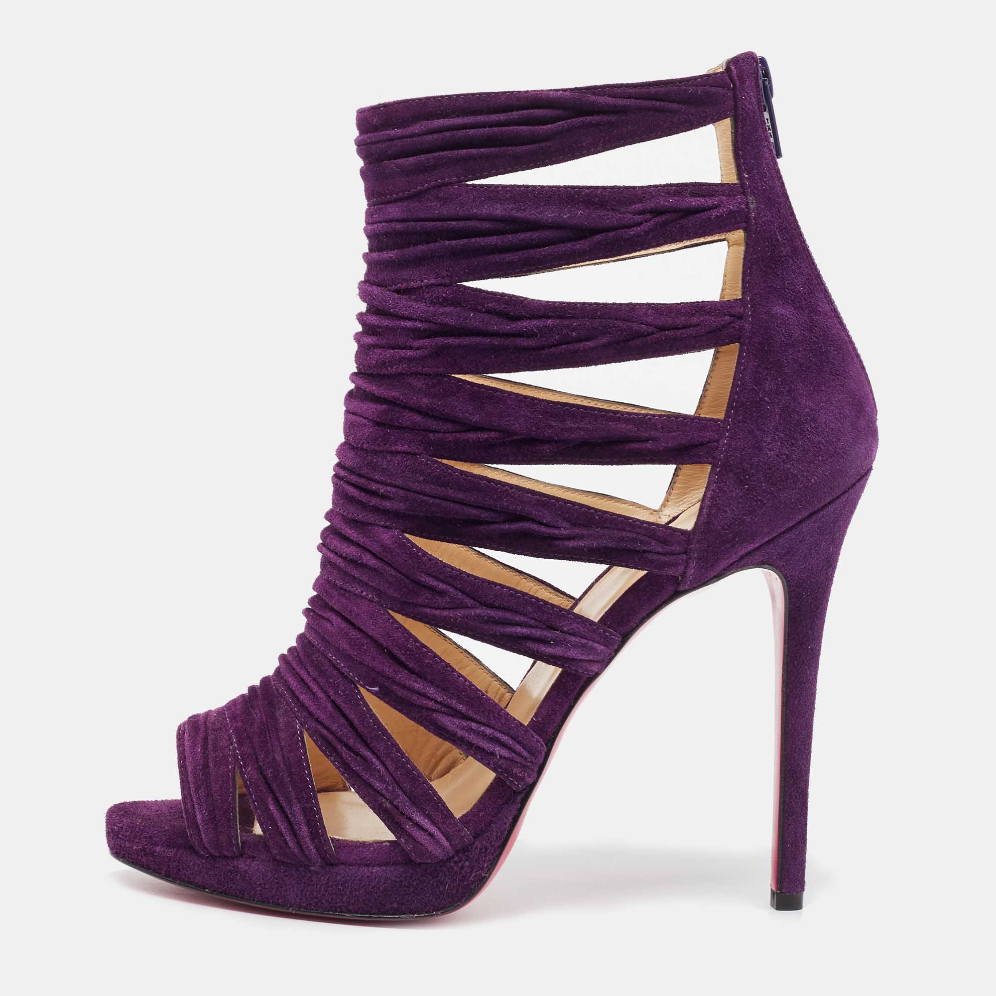 Pre-owned Christian Louboutin Purple Pleated Suede Tinazata Sandals Size 38