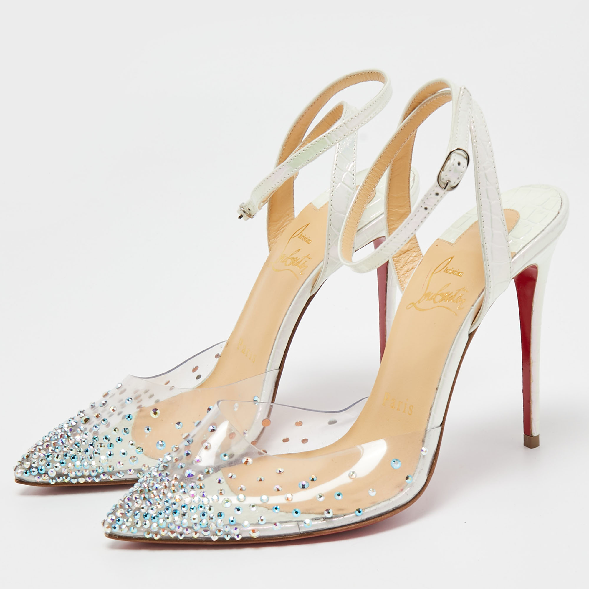 

Christian Louboutin White Croc Embossed Leather and PVC Spikaqueen Ankle Strap Pumps Size