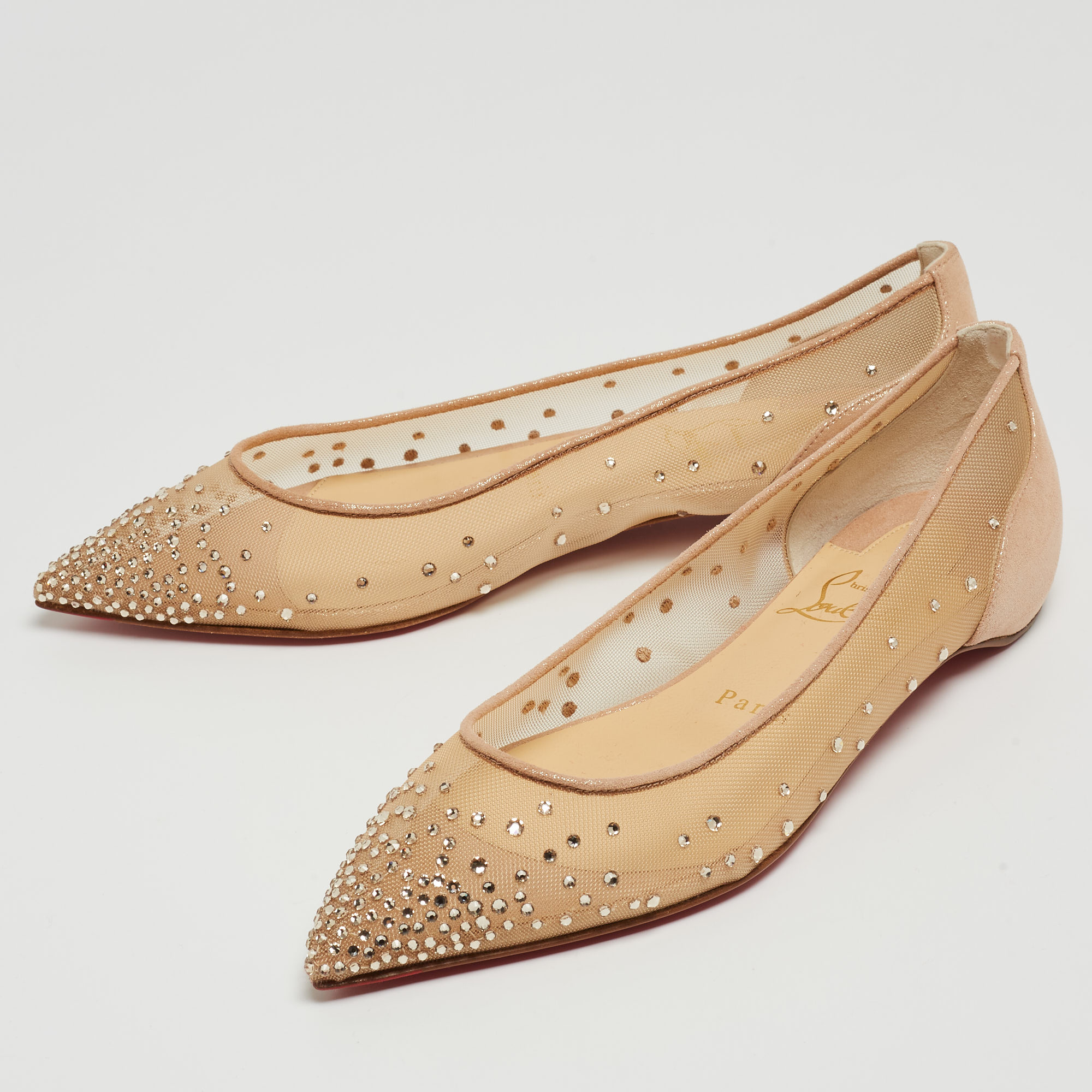 

Christian Louboutin Beige Suede and Mesh Follies Strass Ballet Flats Size