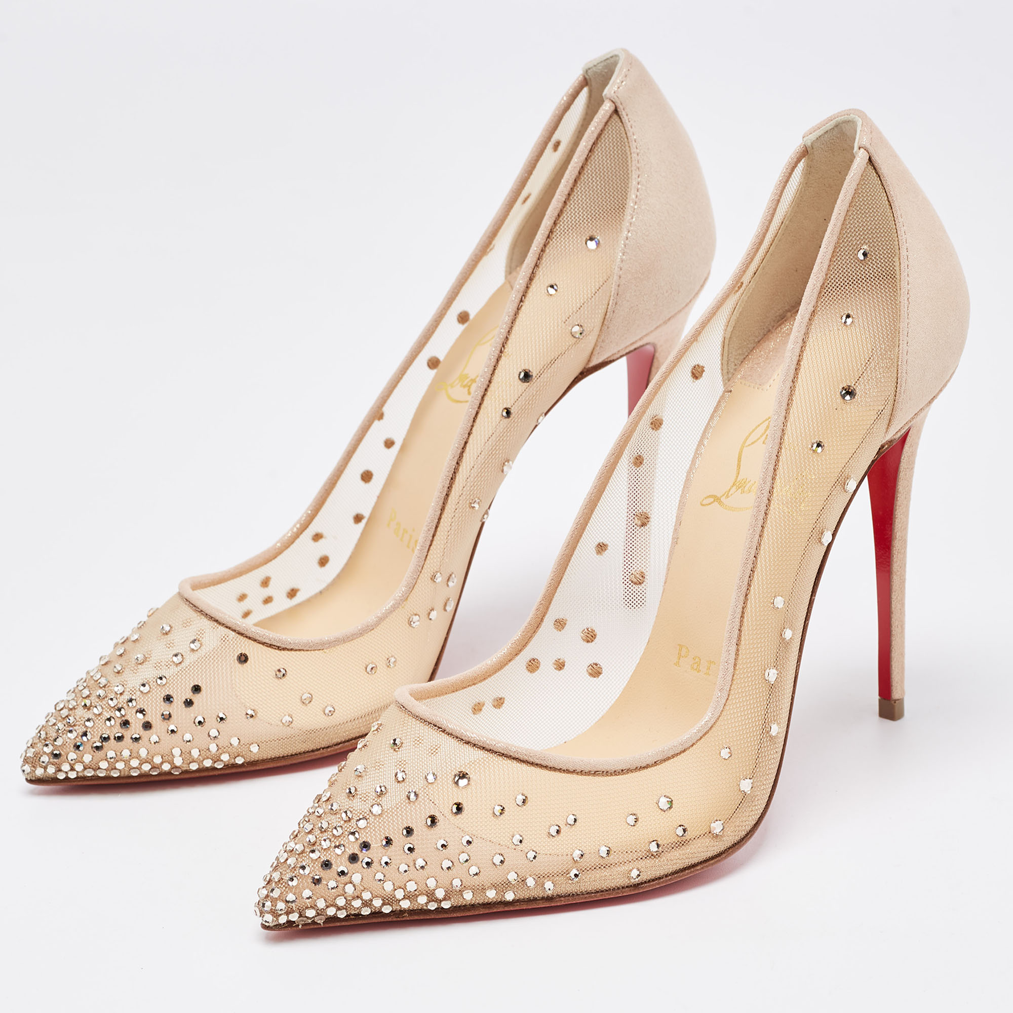 

Christian Louboutin Beige Mesh and Suede Follies Strass Pointed Toe Pumps Size
