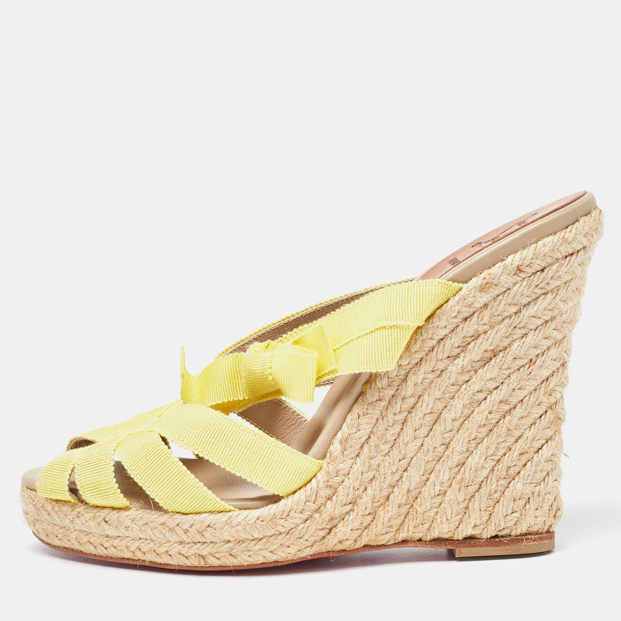 Pre-owned Christian Louboutin Yellow Fabric Delfin Espadrille Wedge Sandals Size 37
