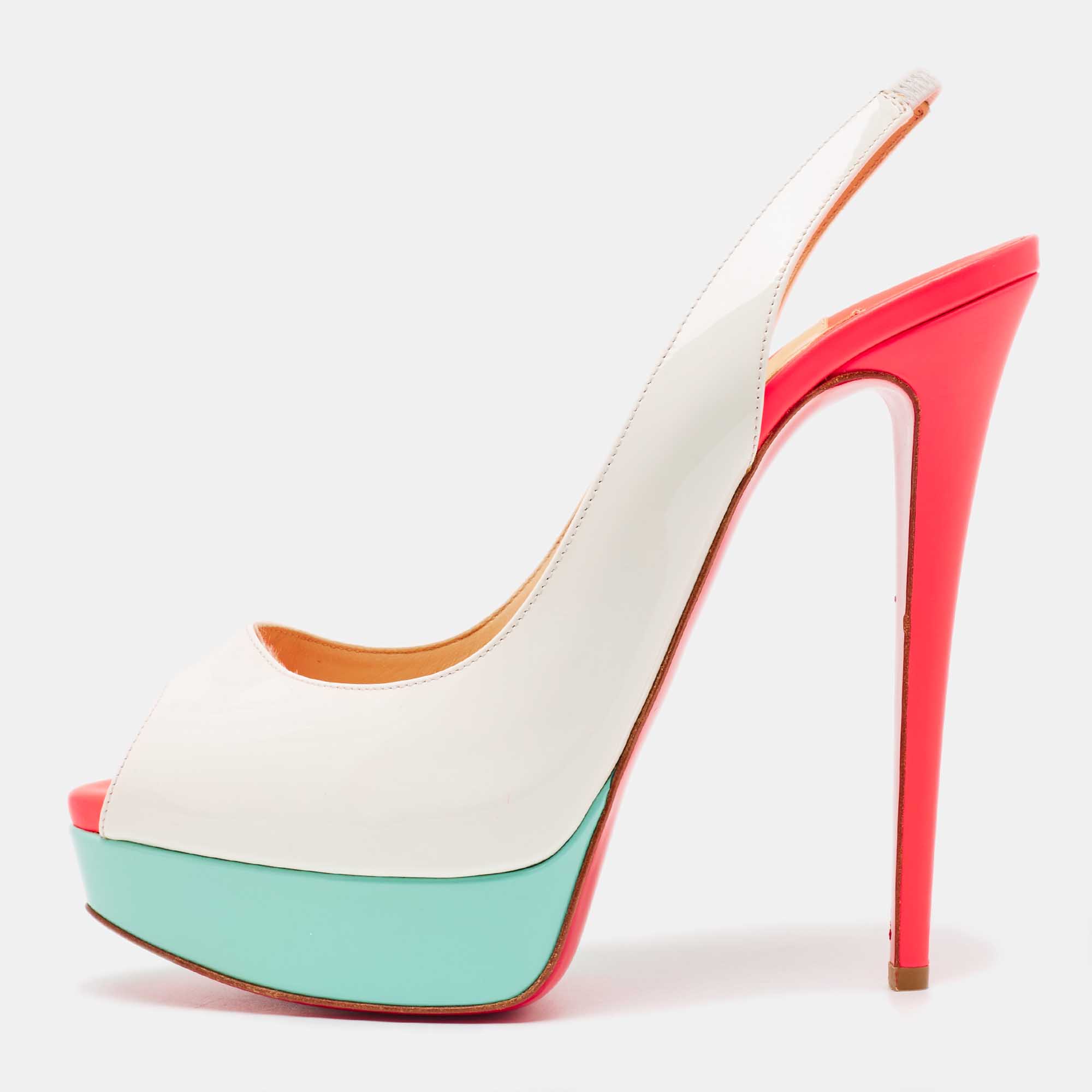 

Christian Louboutin Tricolor Patent Leather Lady Peep Slingback Pumps Size, White