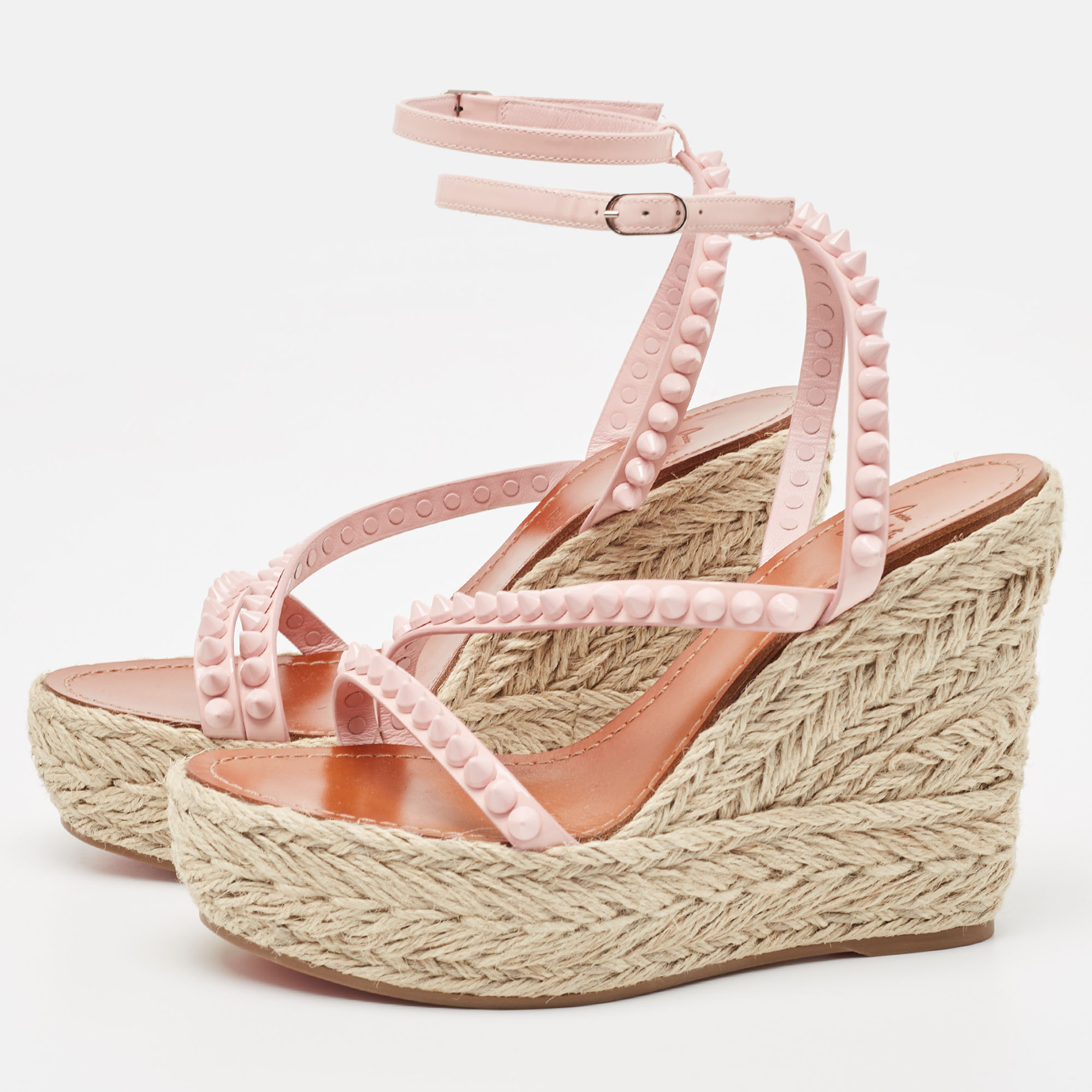 

Christian Louboutin Pink Patent Leather Mafaldina Spike Wedge Espadrille Ankle Strap Sandals Size