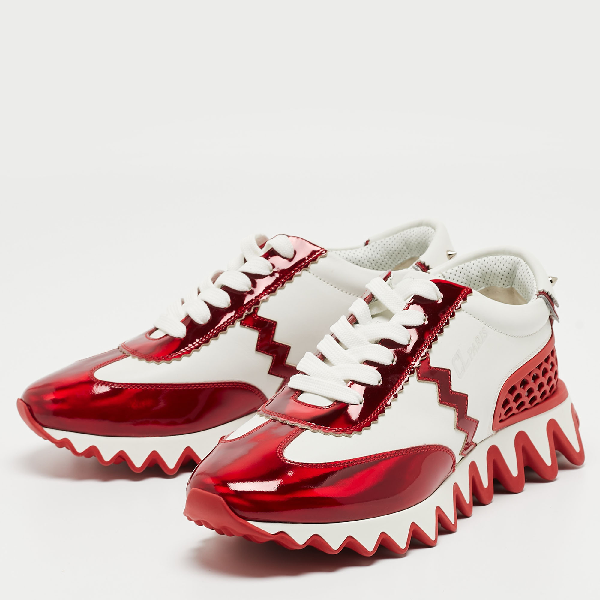 

Christian Louboutin White/Red Leather Loubishark Low Top Sneakers Size