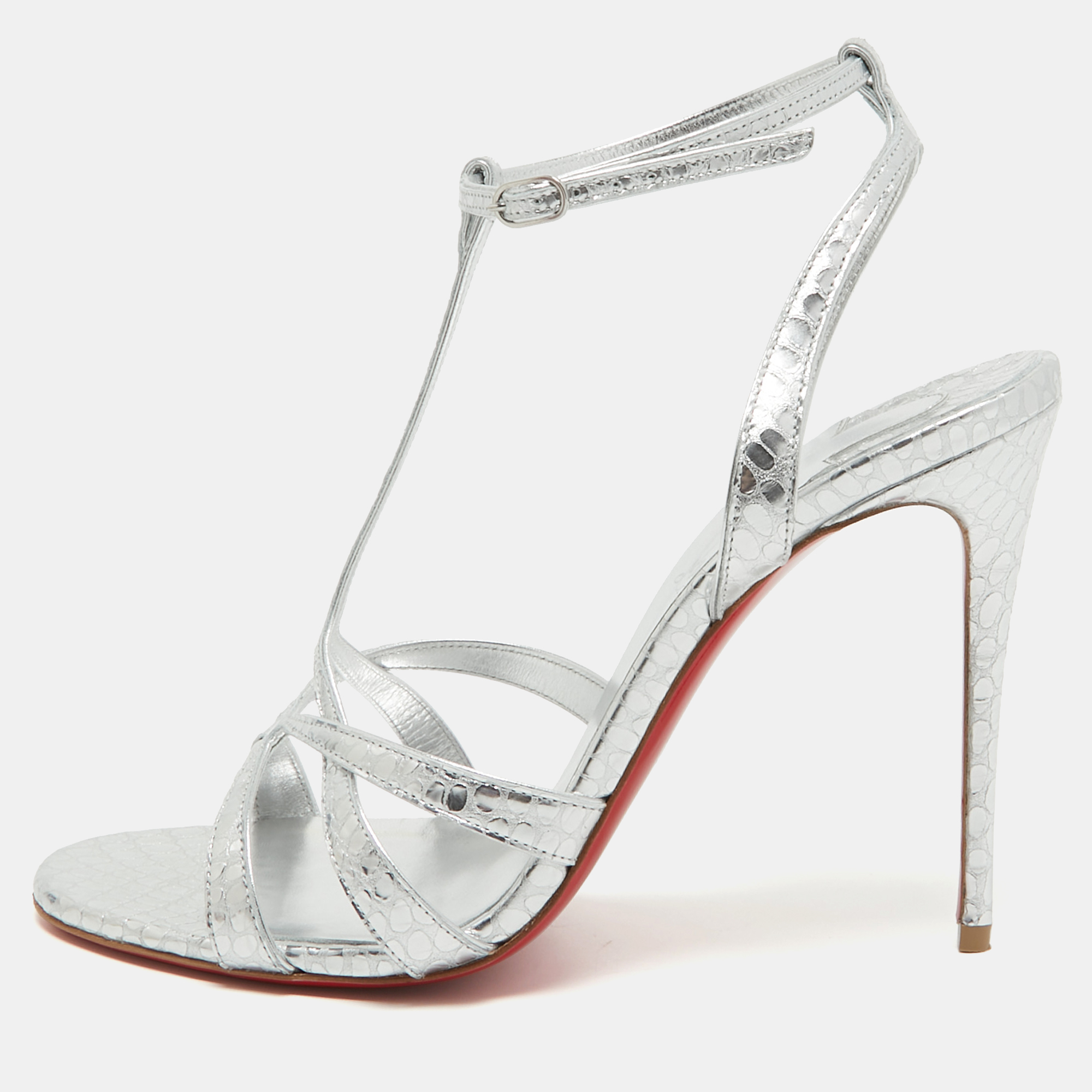 Pre-owned Christian Louboutin Silver Textured Leather Tangueva Sandals Size 39