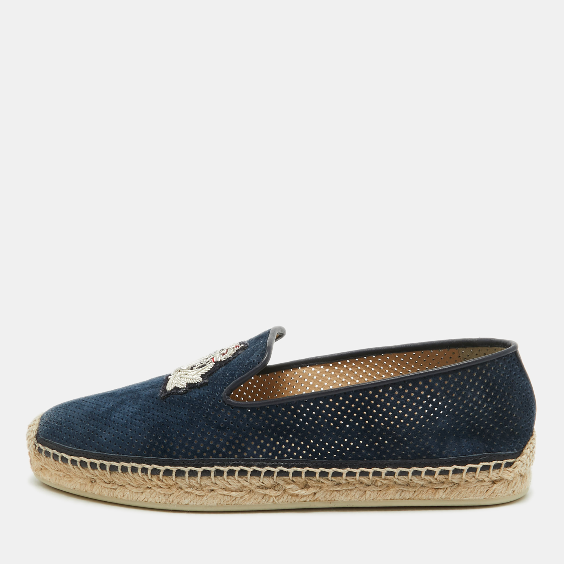 Pre-owned Christian Louboutin Blue Perforated Suede Nanou Orlato Espadrille Flats Size 37