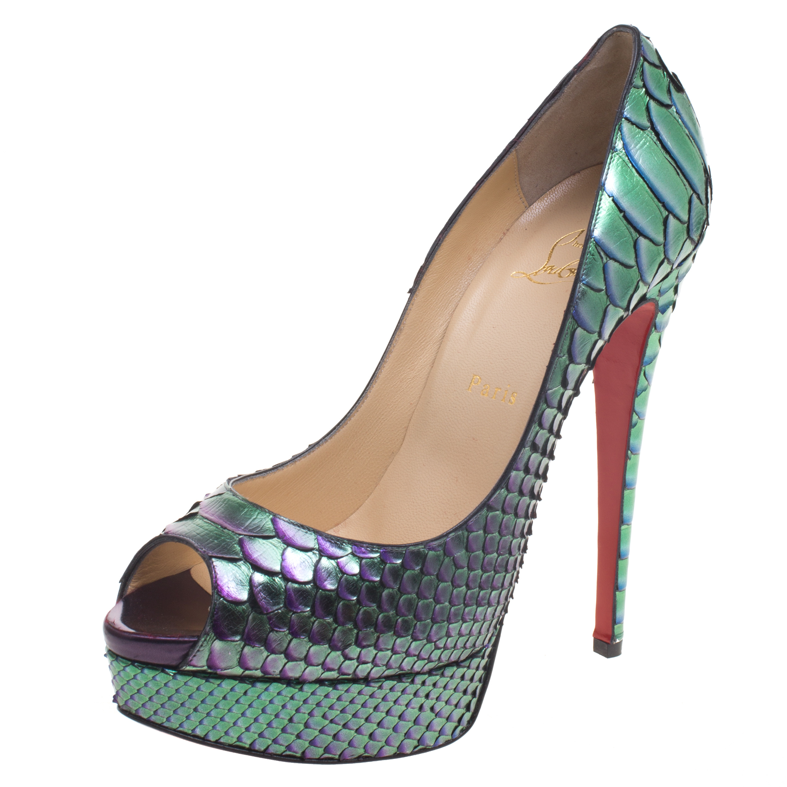 مملوكة مسبقًا Christian Louboutin Two Tone Metallic Python Scarabee Lady Peep Toe Platform Pumps Size 40