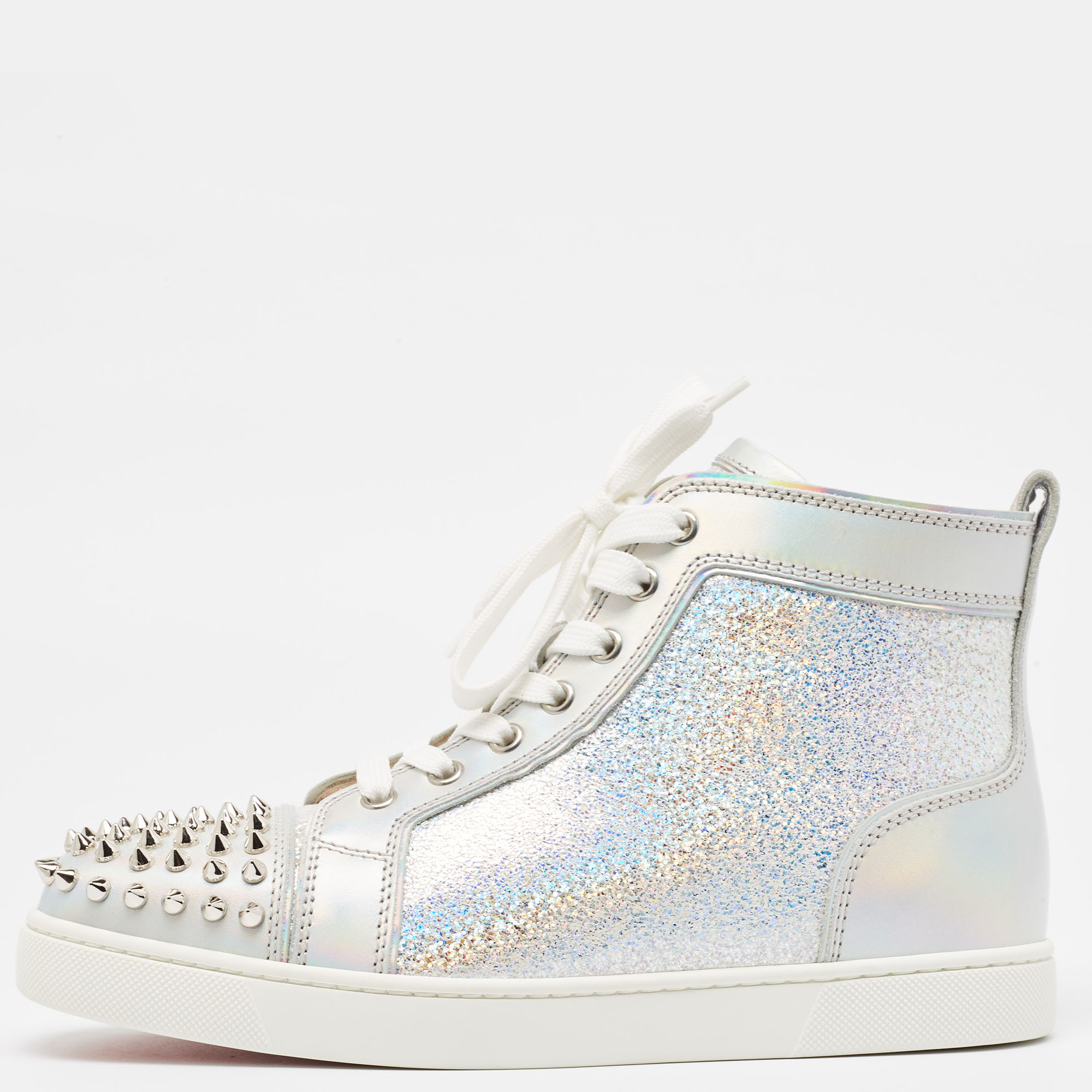

Christian Louboutin Metallic Leather and Glitter Suede Lou Spikes Sneakers Size