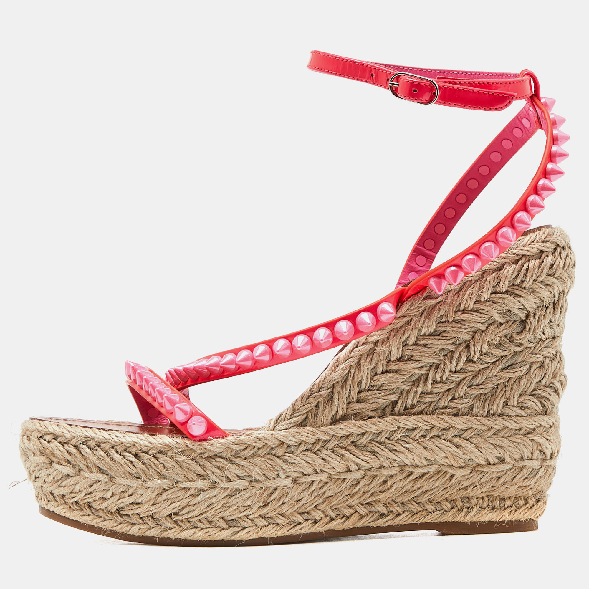 

Christian Louboutin Pink Patent Leather Malfadina Spike Wedge Espadrille Ankle Strap Sandals Size