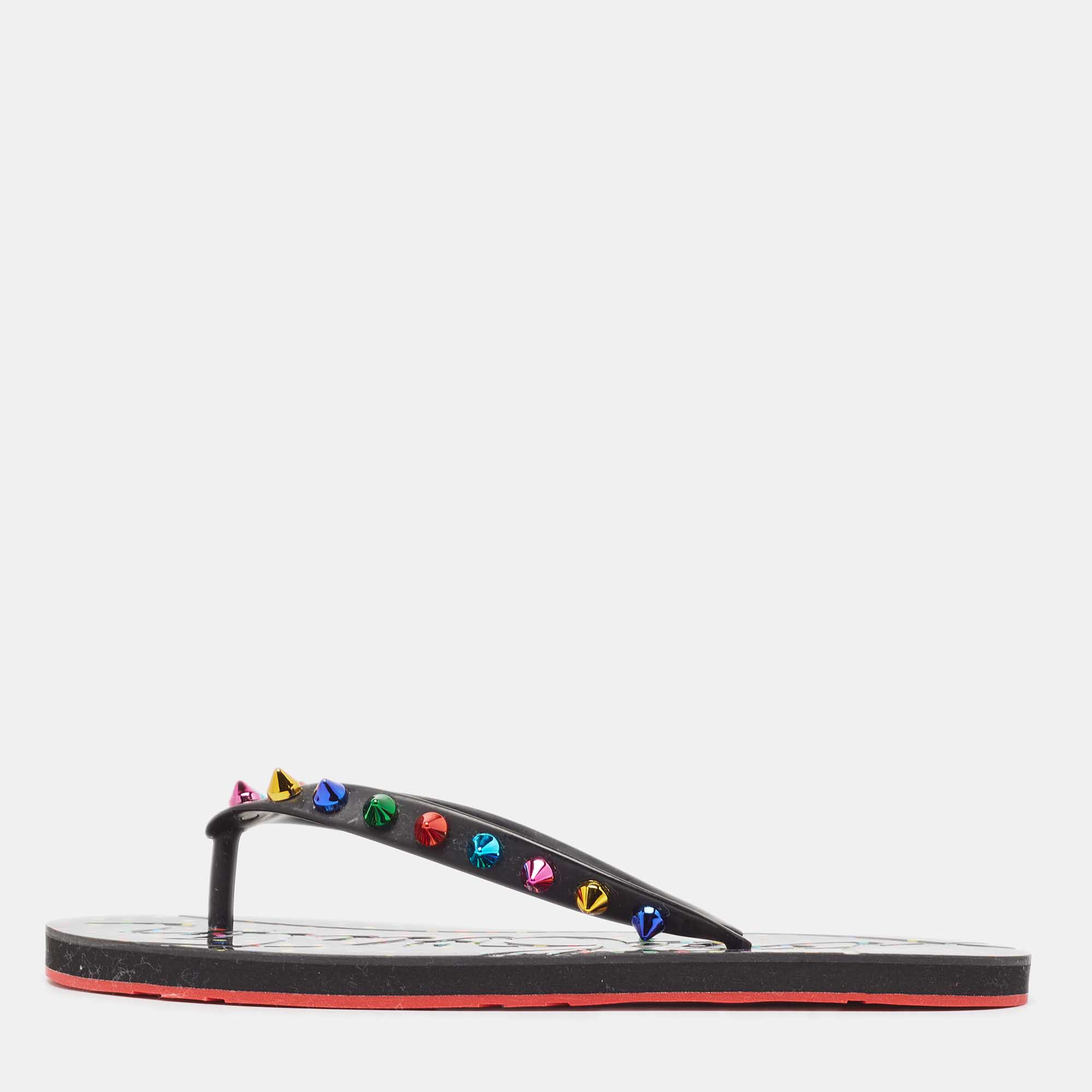Pre-owned Christian Louboutin Multicolor Rubber Loubi Flip Spikes Thong Flats Size 38
