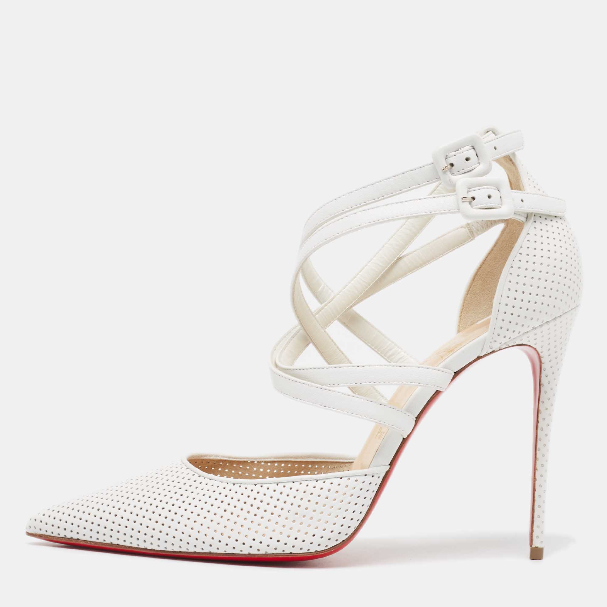 

Christian Louboutin White Perforated Leather Victororilla Ankle Wrap Pumps Size