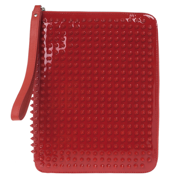 Pre Owned Christian Louboutin Red Patent Cris Spiked Leather iPad Case