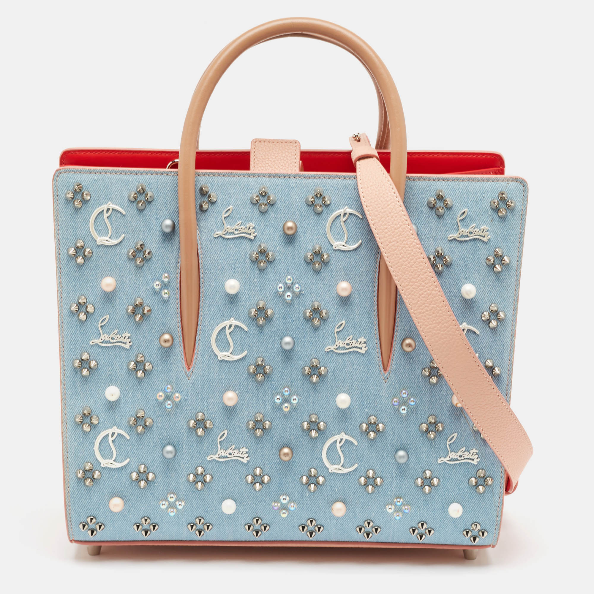 Pre-owned Christian Louboutin Multicolor Denim And Leather Mix Pearls Paloma Tote