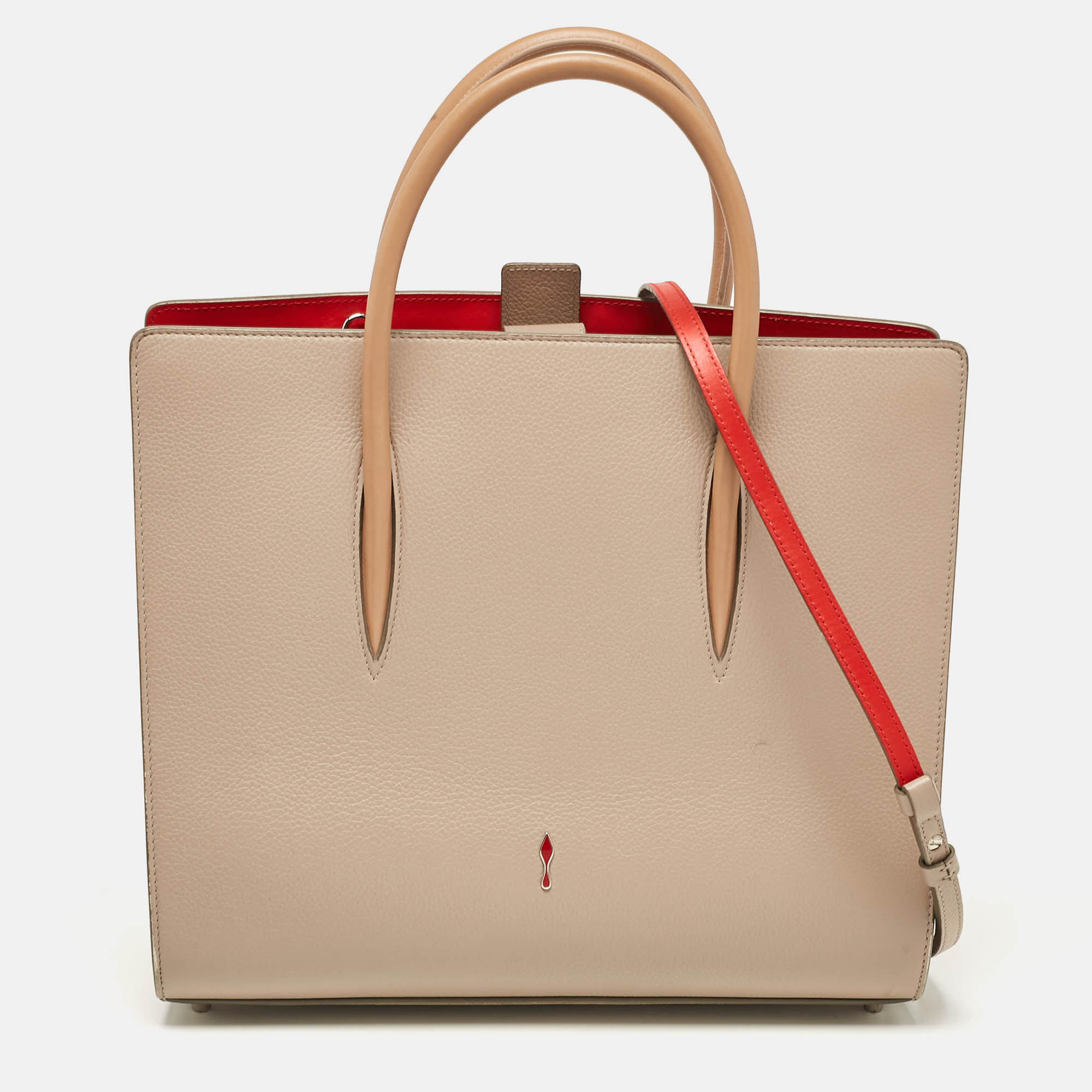 Pre-owned Christian Louboutin Two Tone Leather And Patent Large Paloma Tote In Beige