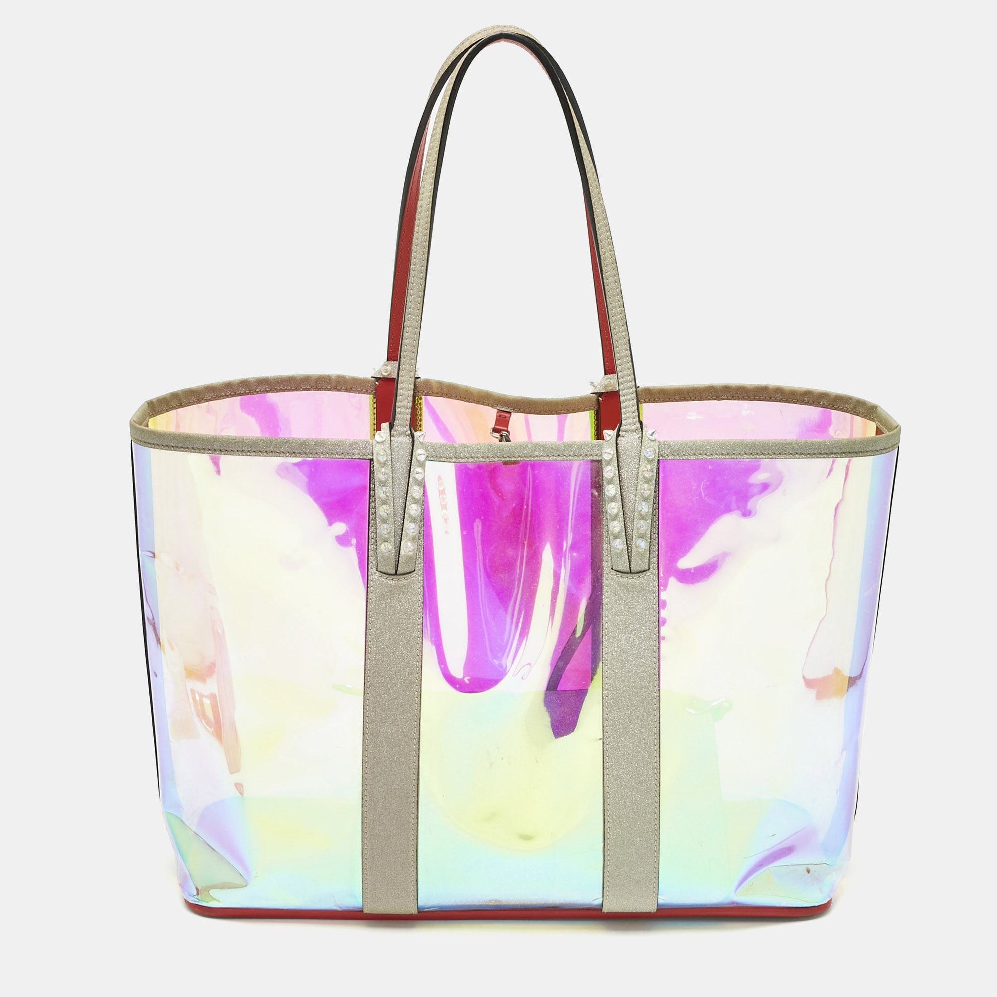 Pre-owned Christian Louboutin Grey Holographic Pvc And Glitter Large Cabata Tote In Multi