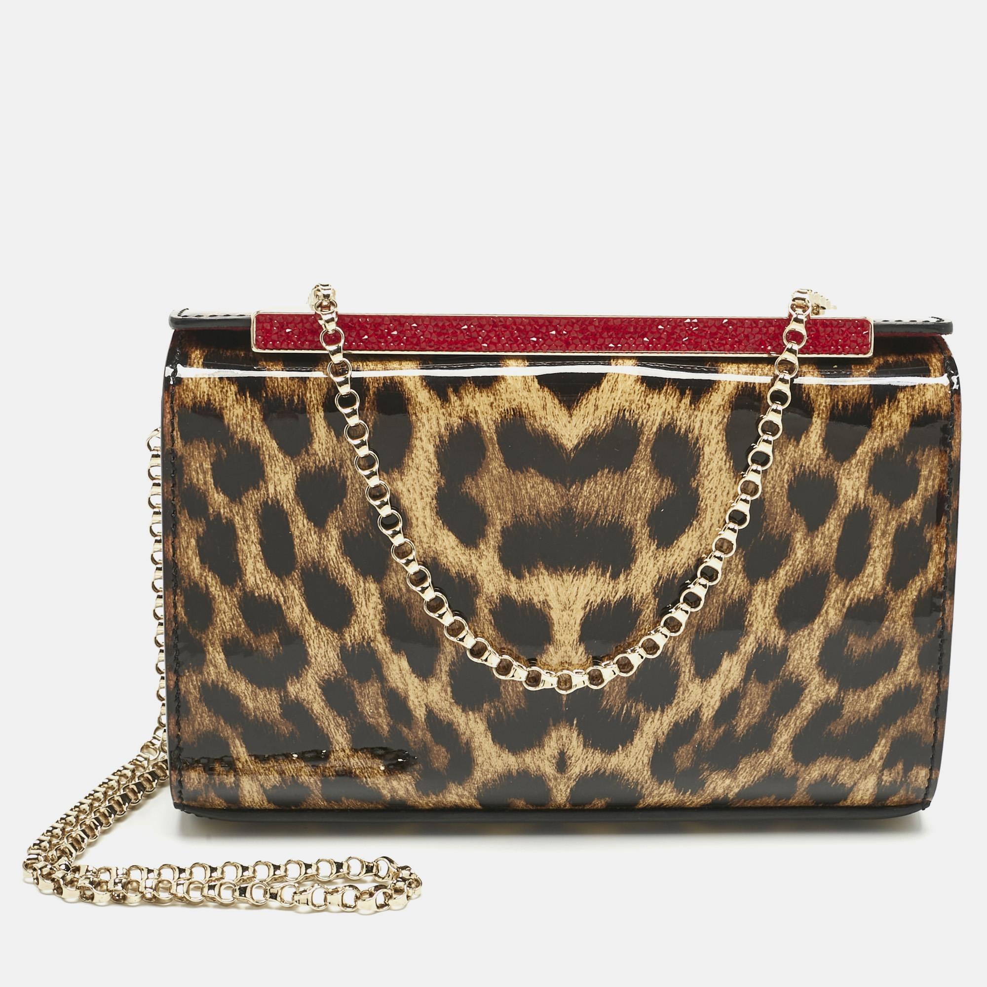 

Christian Louboutin Brown Leopard Print Patent Leather Vanite Chain Clutch, Beige