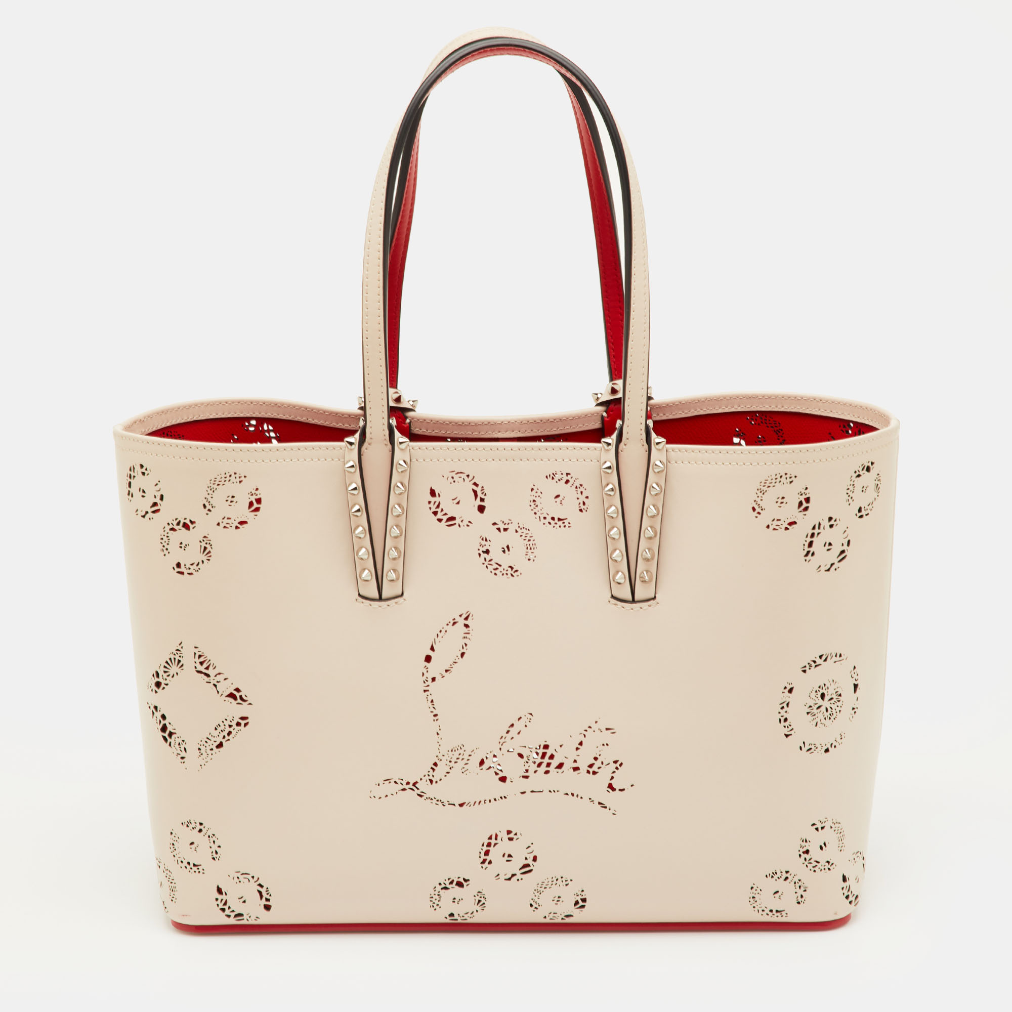 Pre-owned Christian Louboutin Cabata Small Beige Perforated Leather Spikes Shopper Tote In White