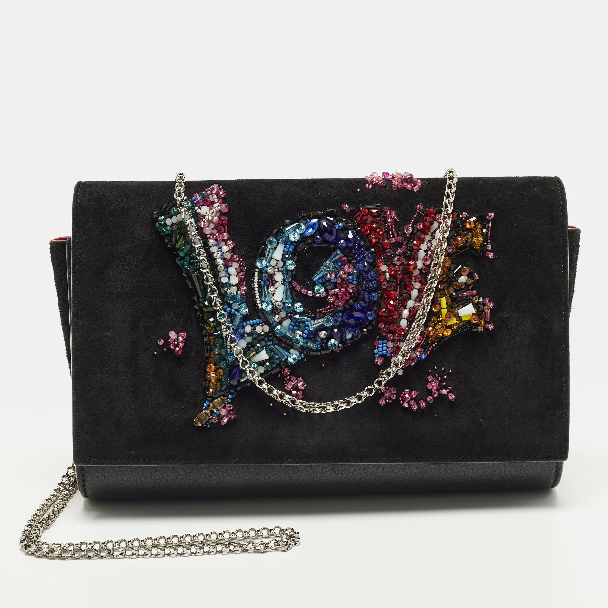 

Christian Louboutin Paloma Love Embellished Leather and Suede Chain Clutch, Black