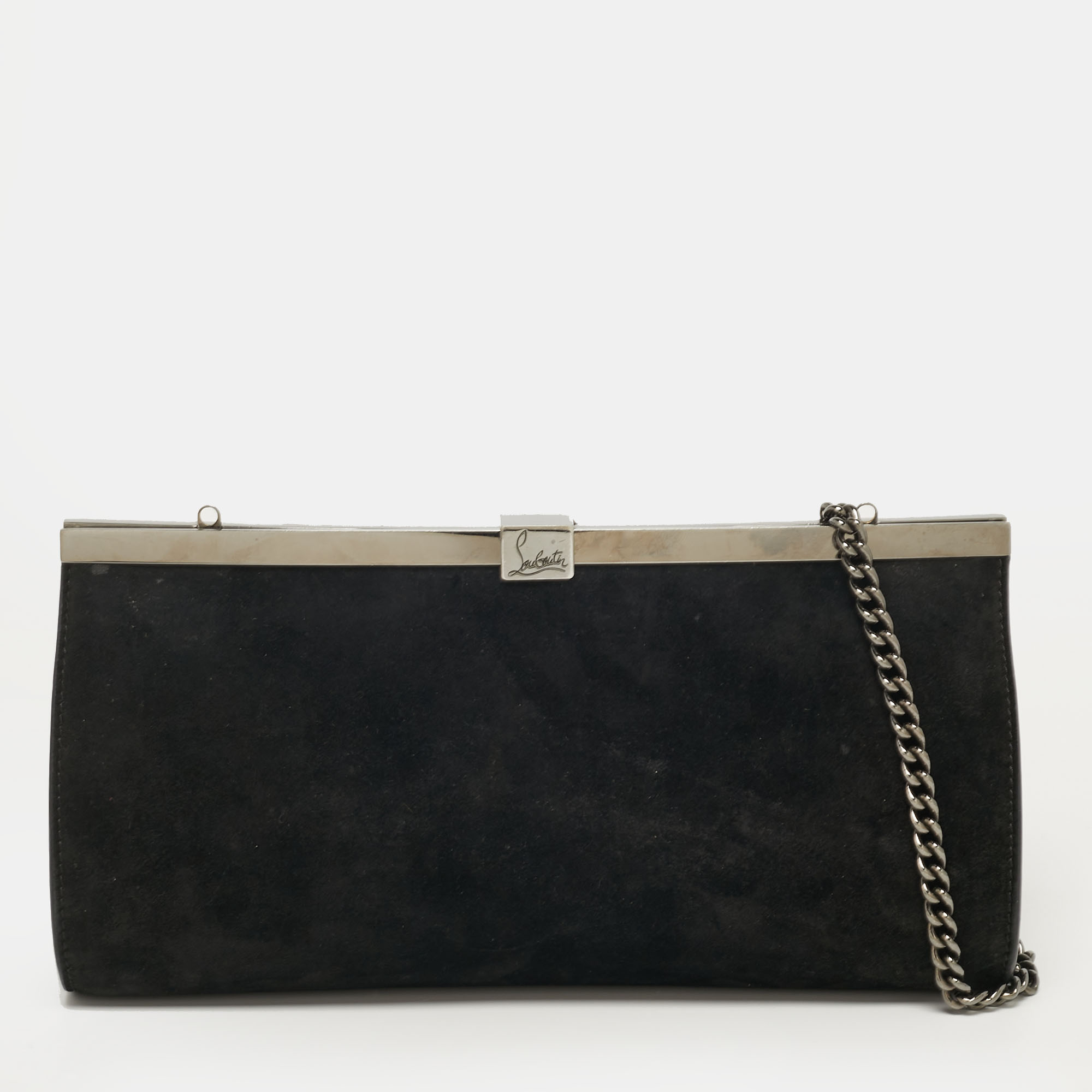 Pre-owned Christian Louboutin Palmette Black Suede Chain Clutch