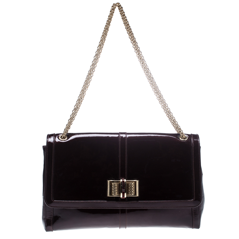Pre Owned Christian Louboutin Dark Burgndy Patent Leather Large Sweet Charity Shoulder Bag