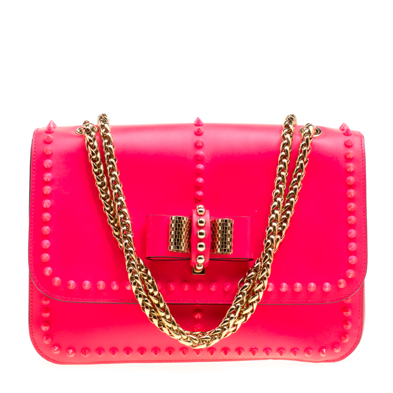 Pre Owned Christian Louboutin Neon Pink Matte Leather Small Rockstud Sweet Charity Shoulder Bag