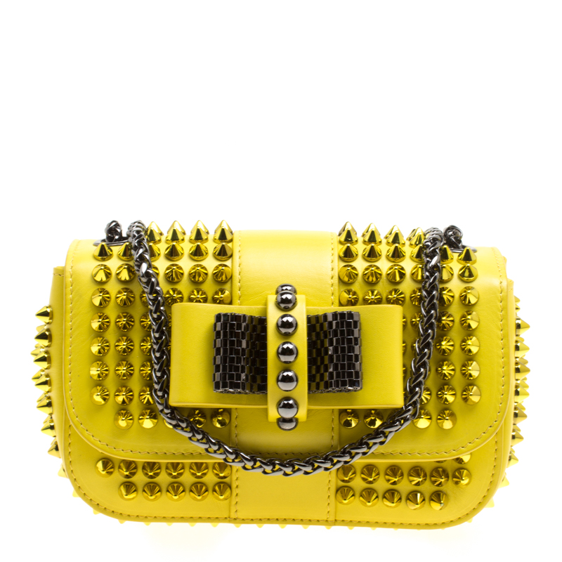 Pre Owned Christian Louboutin Yellow Leather Mini Spiked Sweet Charity Crossbody Bag