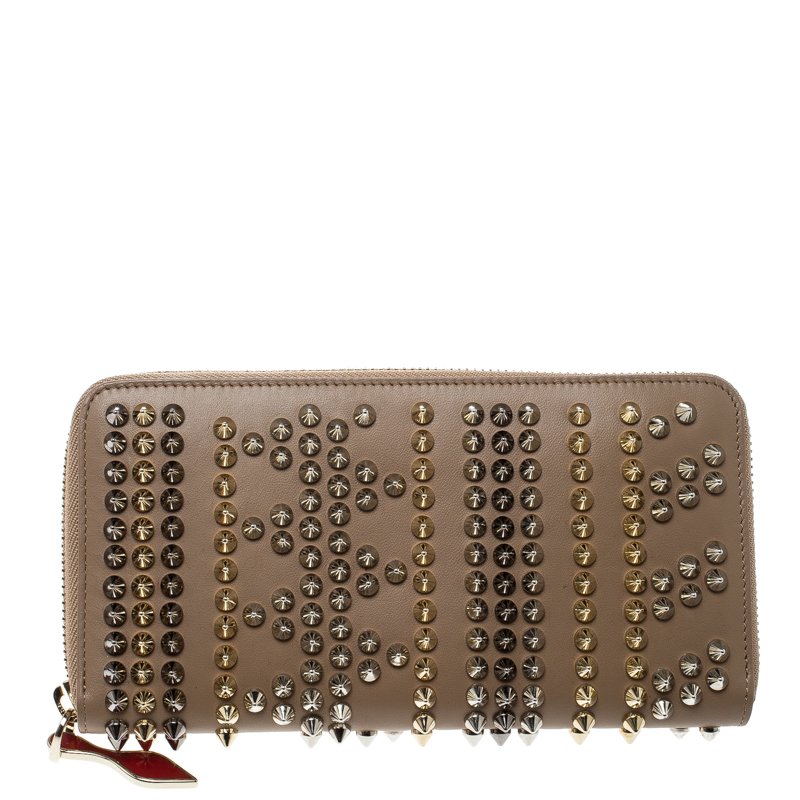 Christian Louboutin Beige Leather Spikes Panettone Zip Around Wallet 