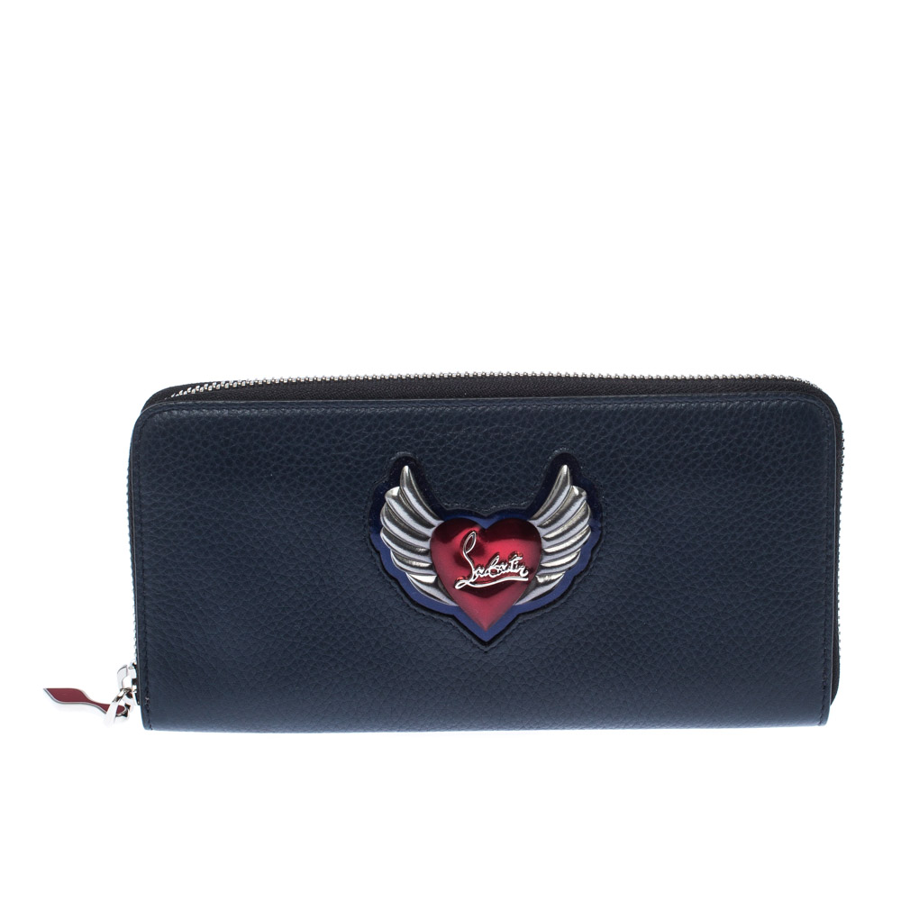 Christian Louboutin Navy Blue Winged Heart Leather Zip Around Wallet