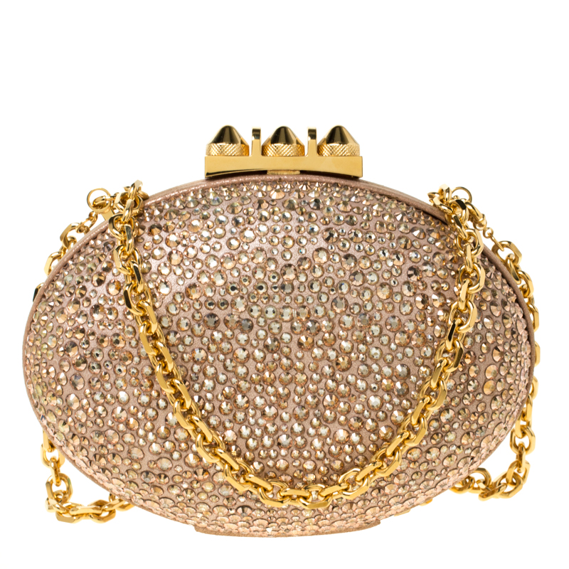مملوكة مسبقًا Christian Louboutin Beige Metallic Crystal Embellished Nubuck Leather Mina Chain Clutch