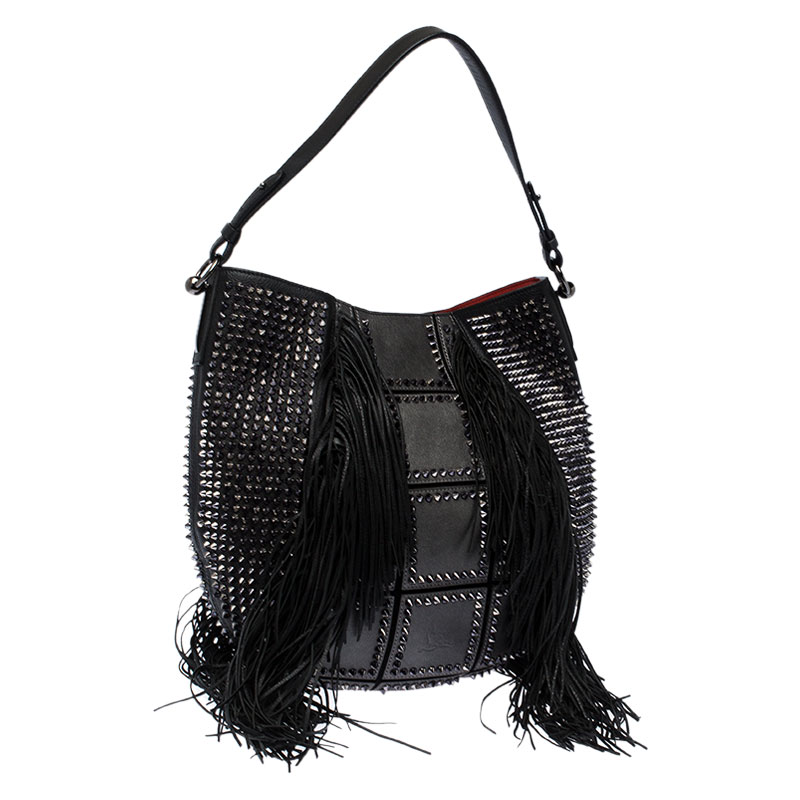Christian Louboutin Black Fringes Lucky L Bucket Convertible Backpack Hand  Bag