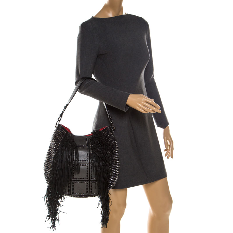 

Christian Louboutin Black Spiked Leather Lucky  Fringe Hobo