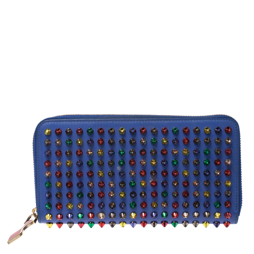 Pre-owned Christian Louboutin Blue Leather Panettone Spikes Zip Around Wallet