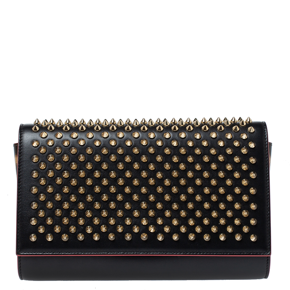 Pre Owned Christian Louboutin Black Leather Paloma Spiked Chain Clutch
