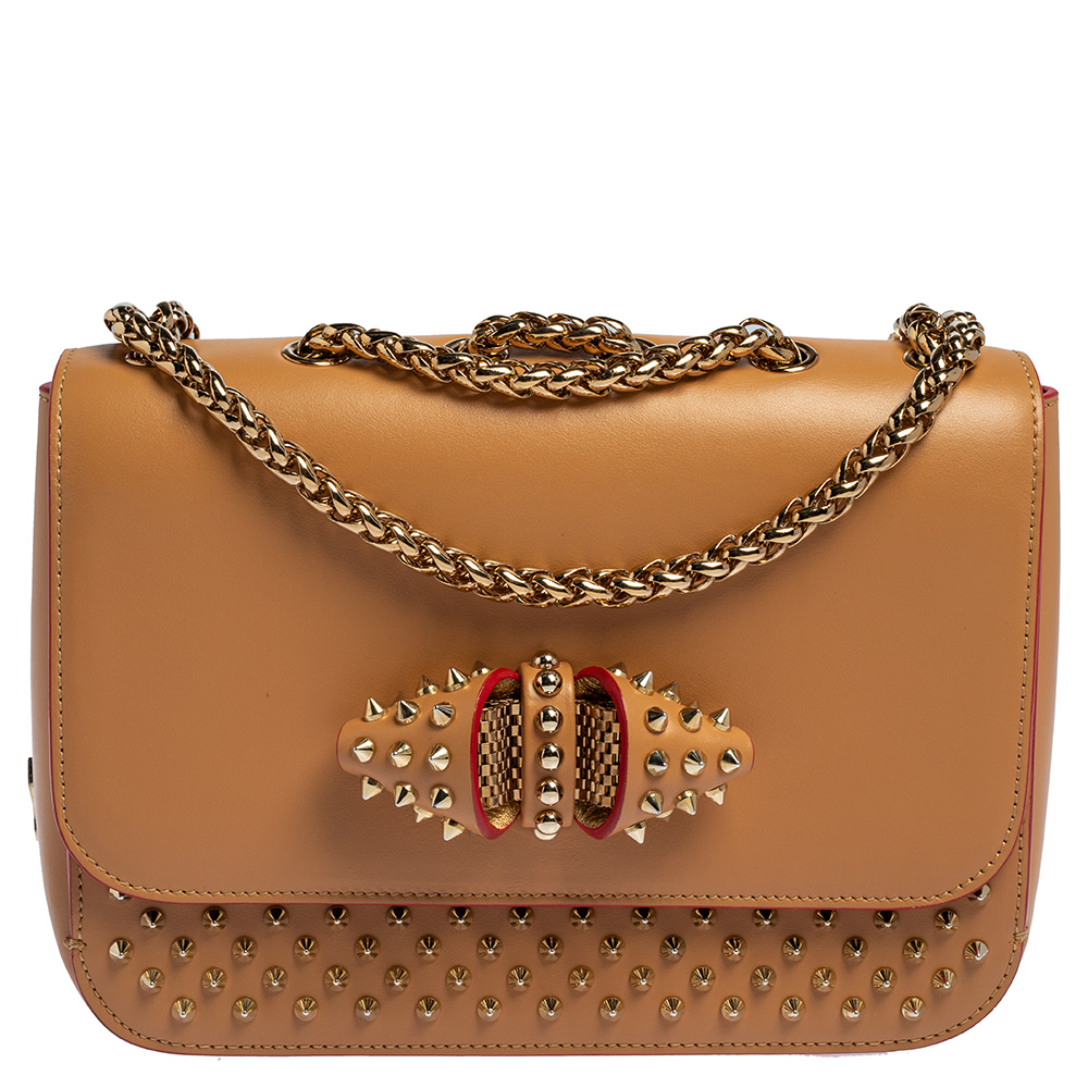 Pre-owned Christian Louboutin Beige Leather Small Spikes Sweet Charity Shoulder Bag
