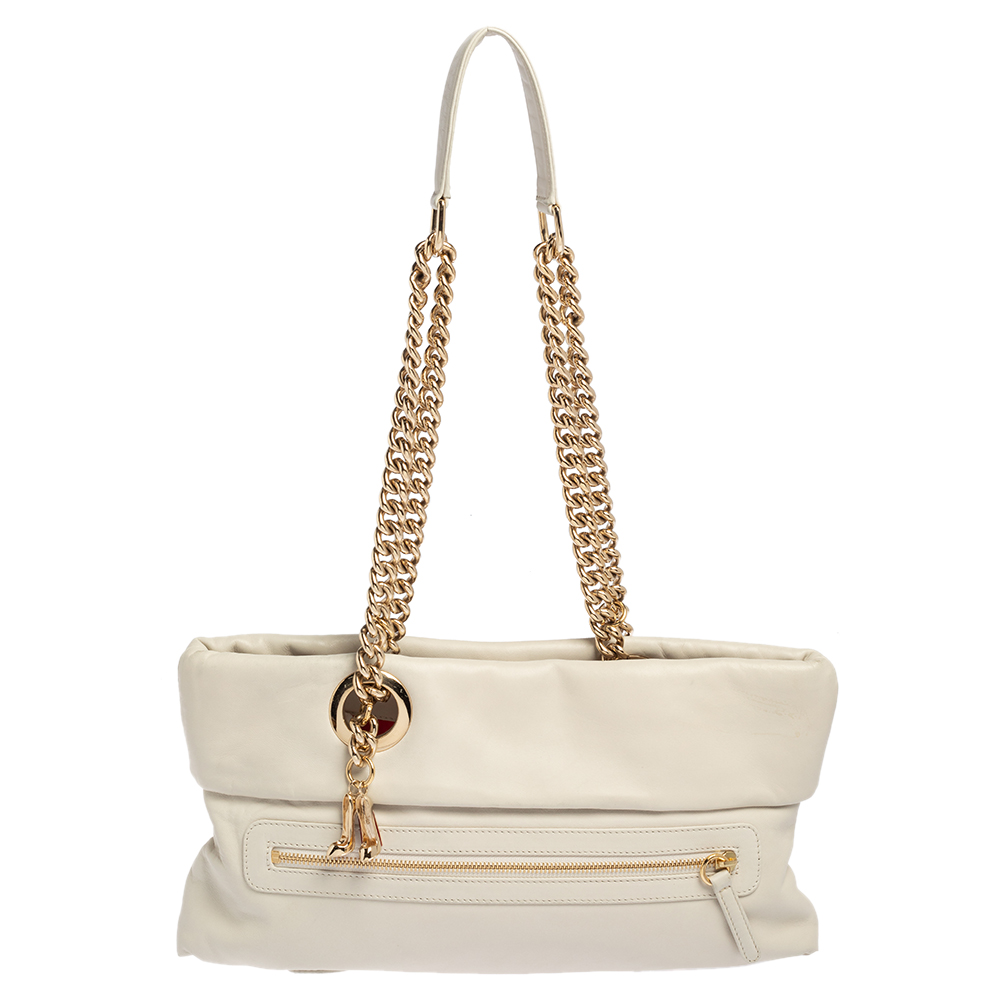 Pre-owned Christian Louboutin Off White Leather Chain Tote