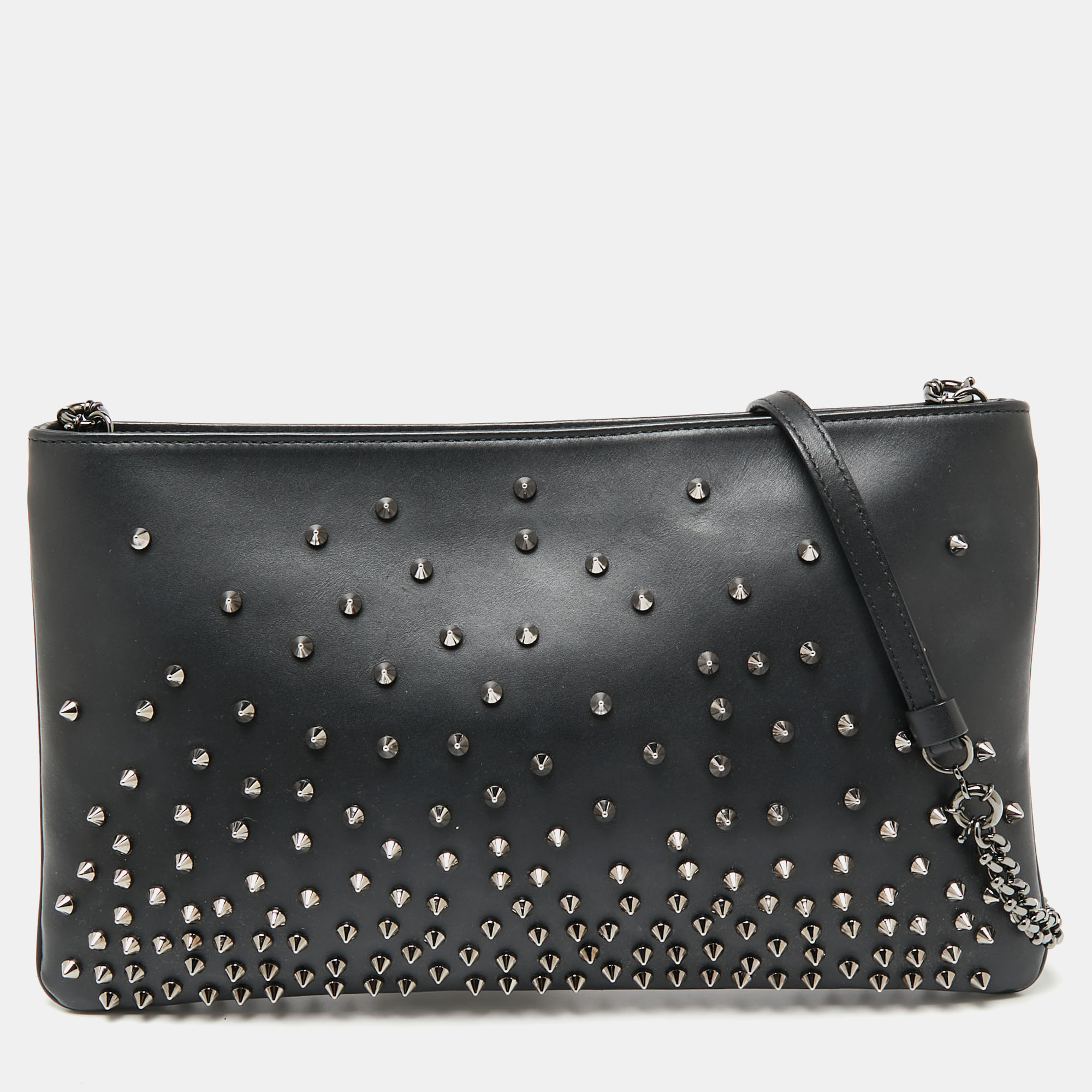 Pre-owned Christian Louboutin Black Leather Spiked Loubiposh Chain Clutch