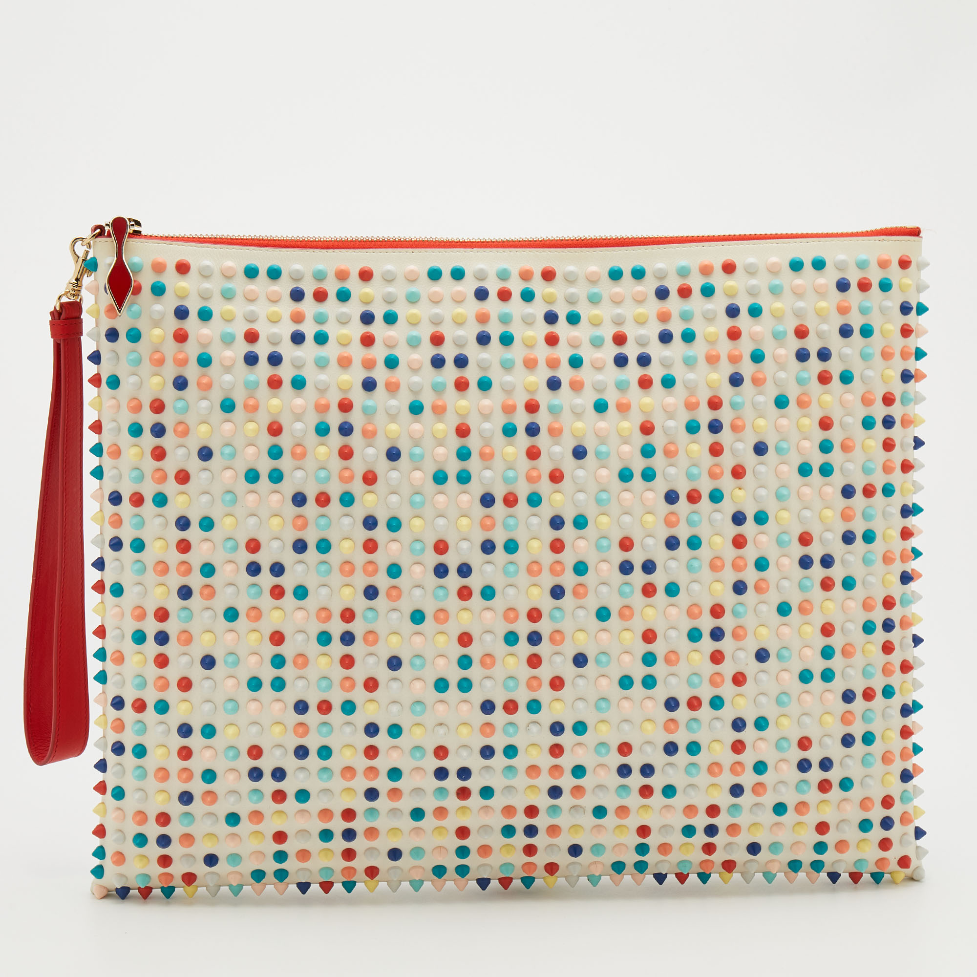 مملوكة مسبقًا حقيبة كلتش للرسغ كريستيان لوبوتان لوبيش جلد أبيض متعدد الألوان مرصع سبايك