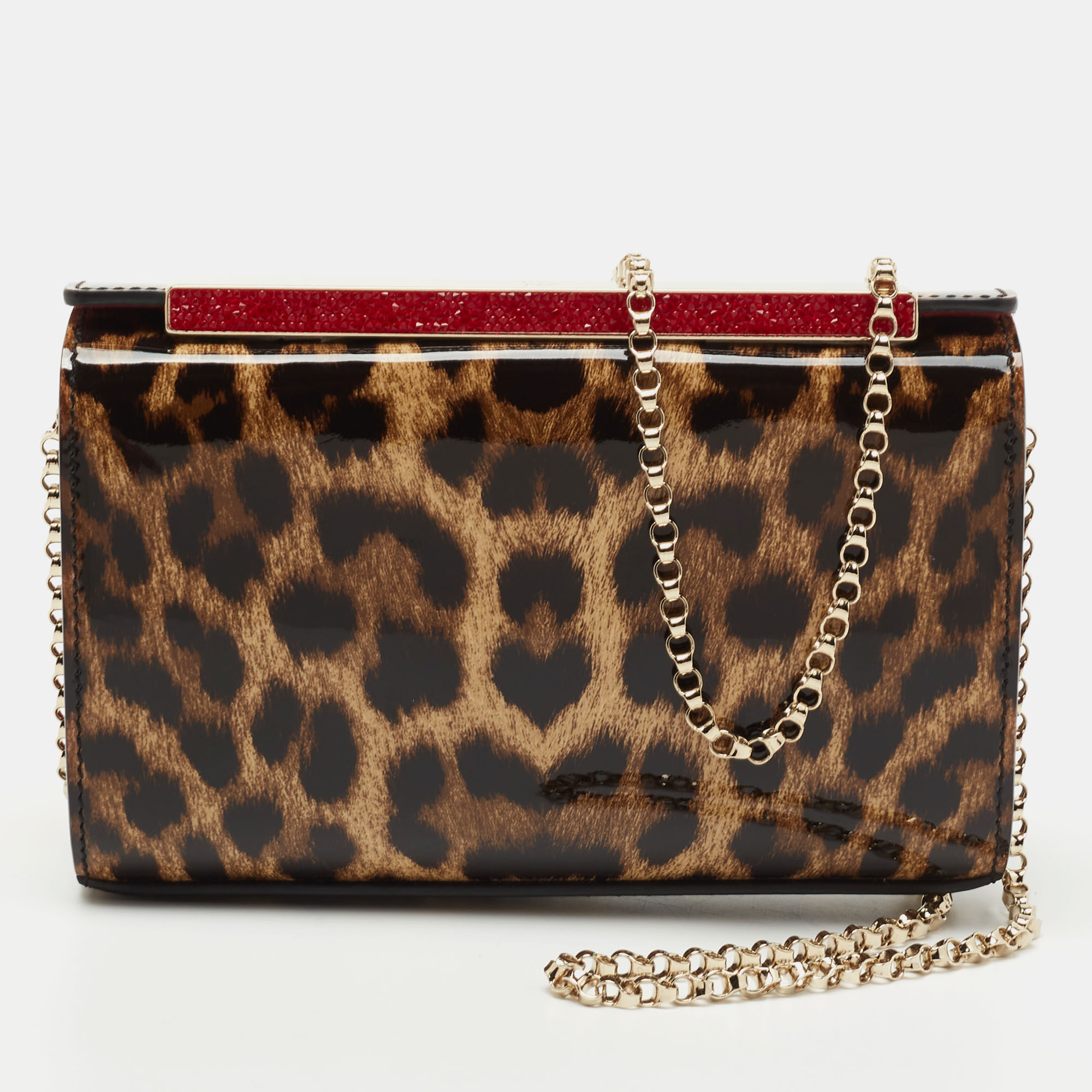 Pre-owned Christian Louboutin Brown Leopard Print Patent Leather Vanite Clutch In Beige