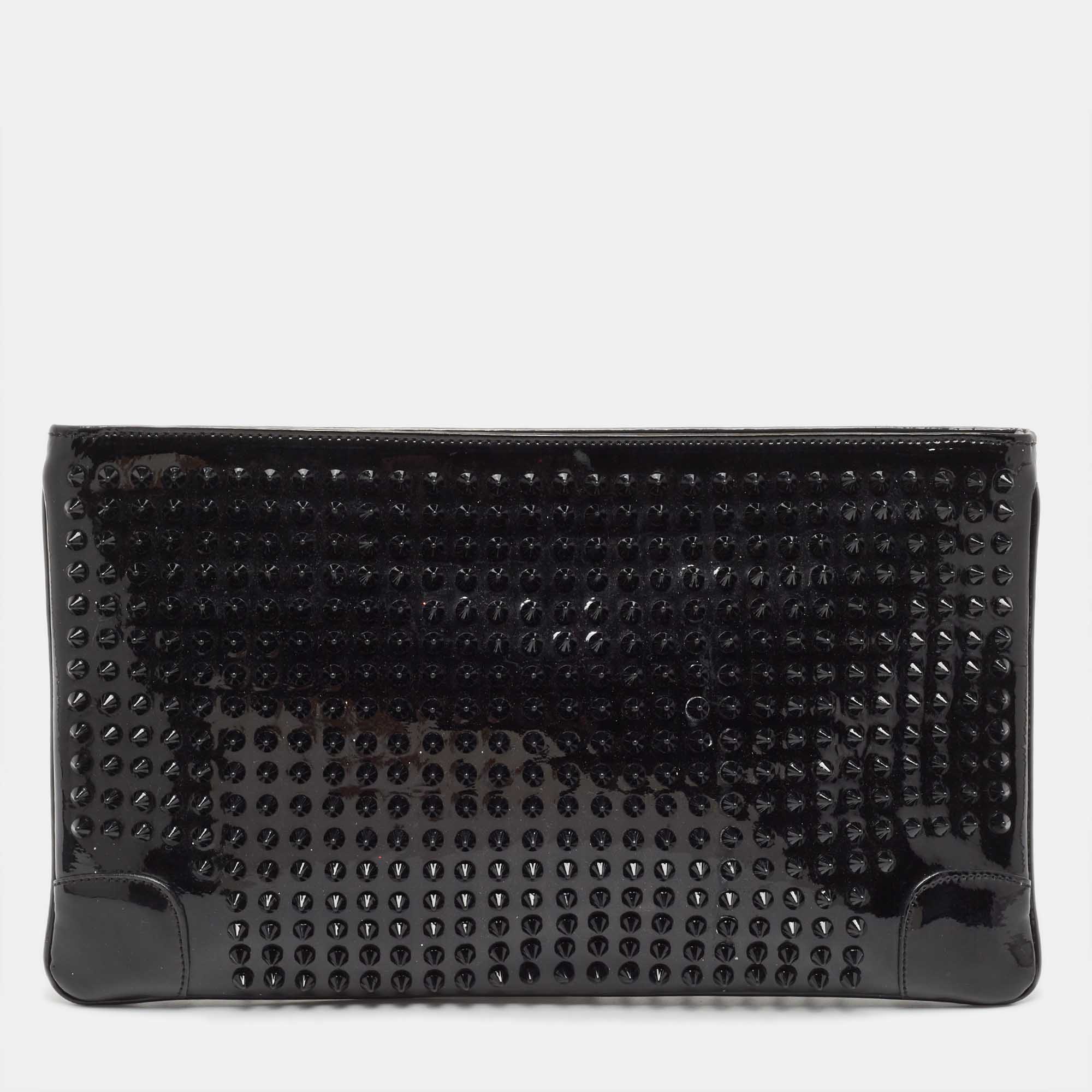 Pre-owned Christian Louboutin Black Patent Leather Loubiposh Spike Clutch